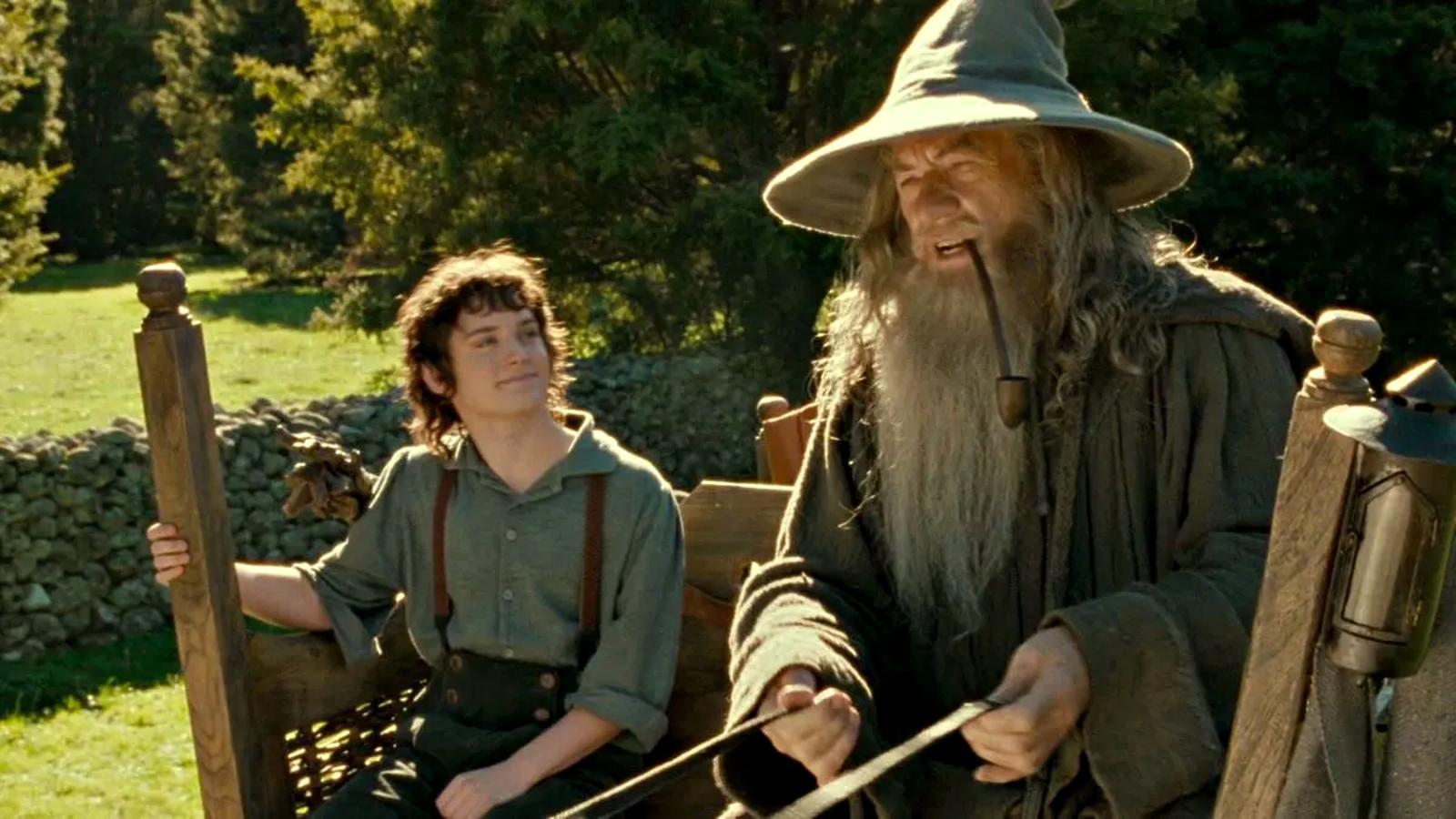 Gandalf and Frodo arriving at Hobbiton in an image from the film 'The Lord of the Rings'.