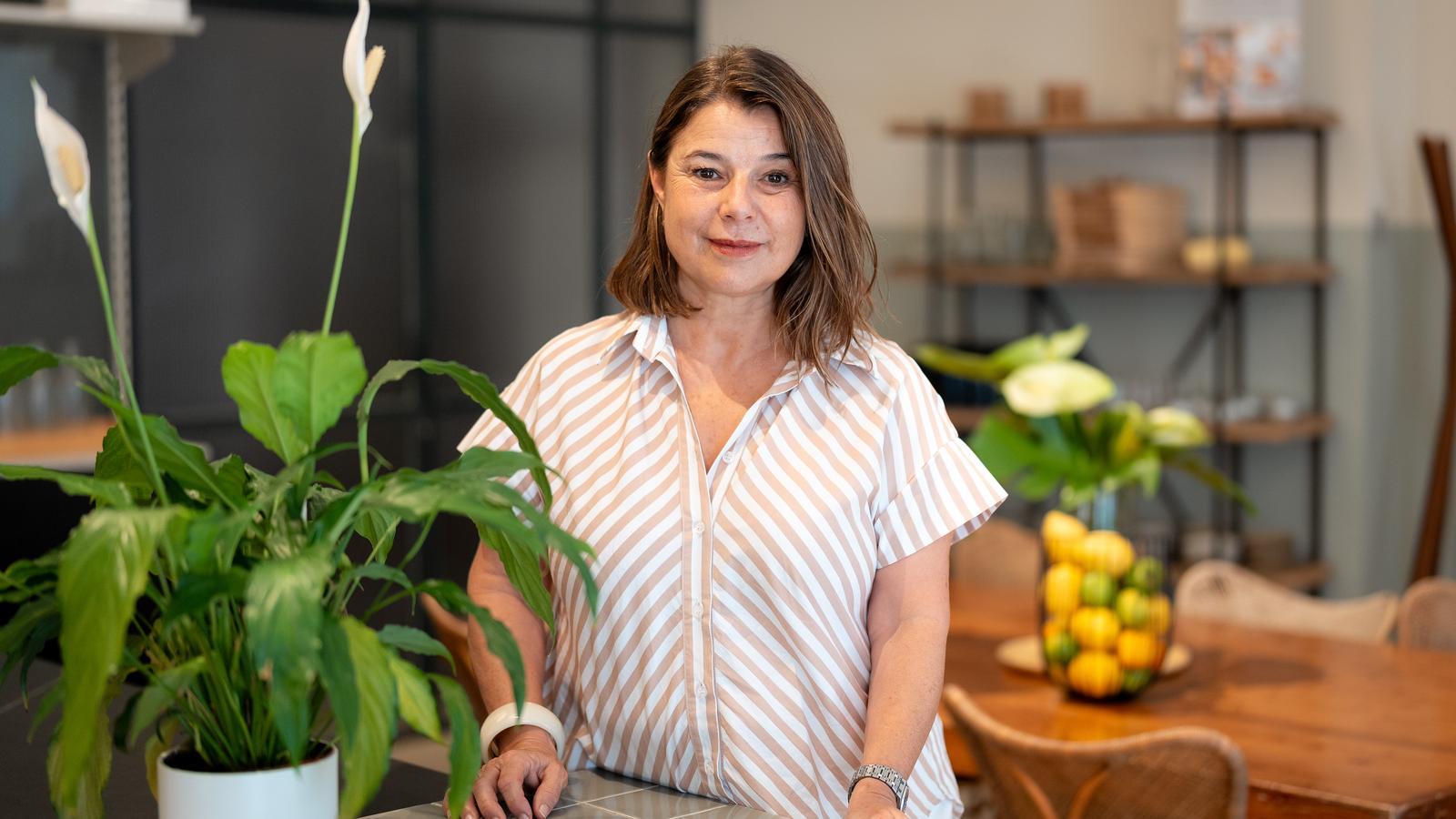 Hotel manager Anna Payet in the lobby of Casa Cacao, located in Girona's Plaza Catalunya.