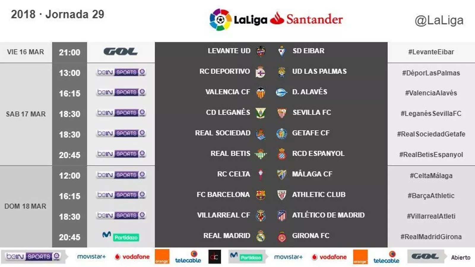 Horaris 29a jornada de Lliga