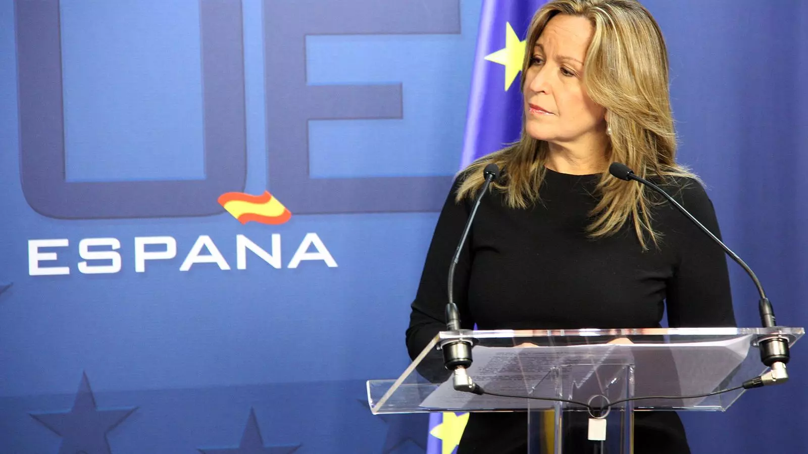 La ministra espanyola d'Exteriors, Trinidad Jiménez, en roda de premsa a Brussel·les.