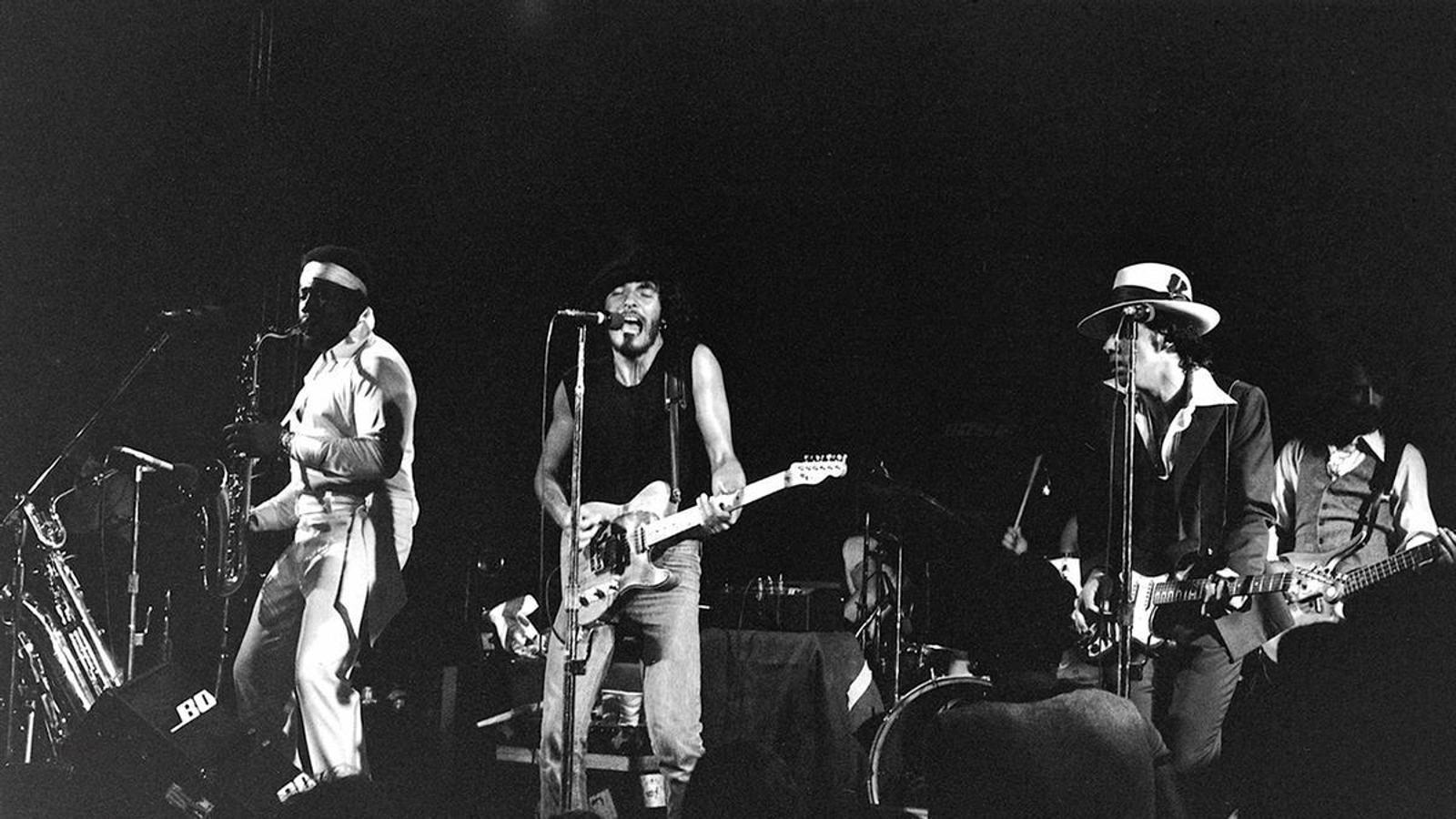 The E Street Band live in 1975: Clarence Clemons, Bruce Springsteen, Steve Van Zandt and Garry Tallent.