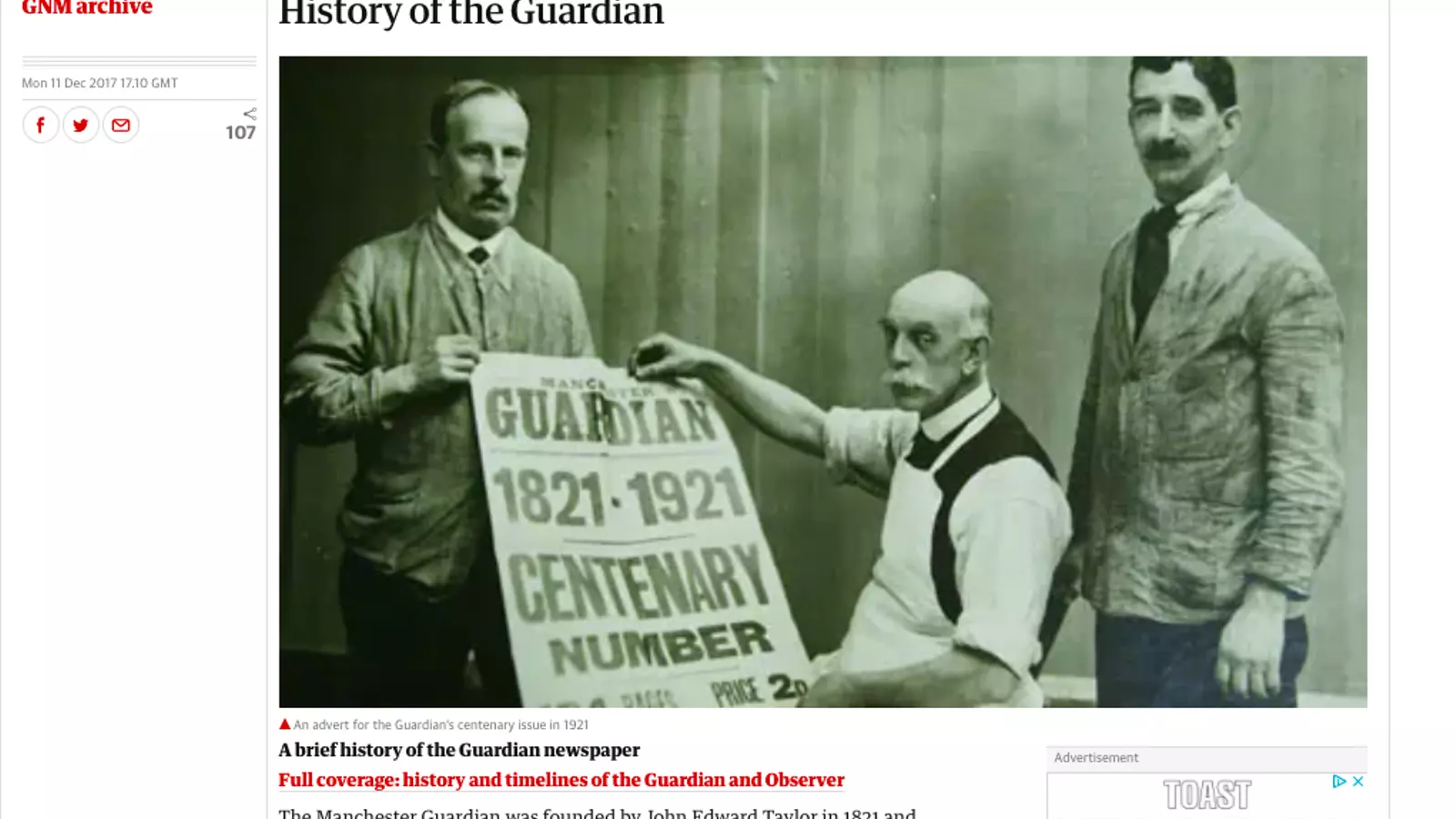 Pàgina web d'inici de l'arxiu històric de The Guardian