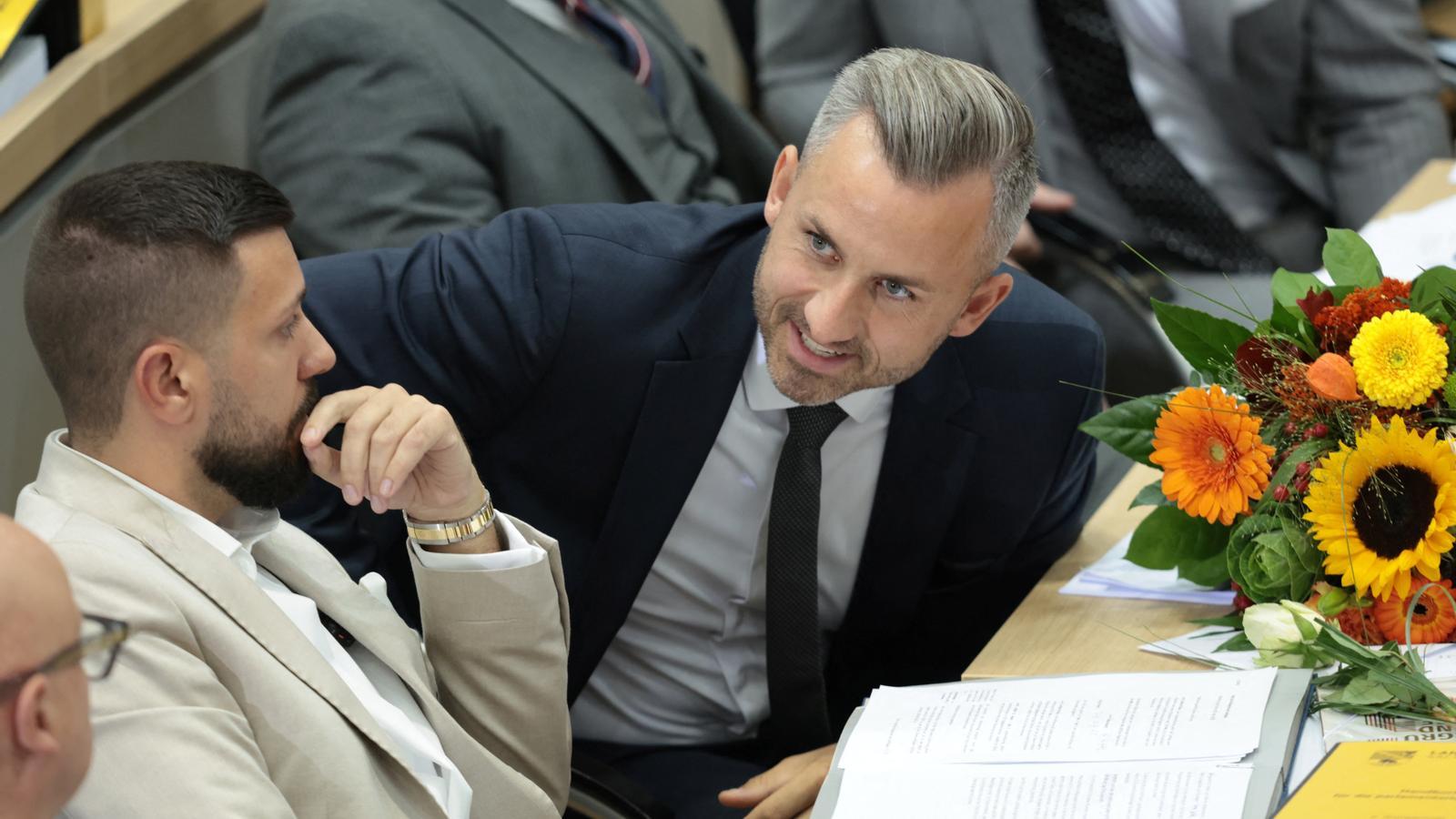 El presidente del Parlamento de Sajonia-Anhalt, Tobias Rausch, y el líder de la AfD en el land, Ulrich Siegmund, en el pleno en la cámara.