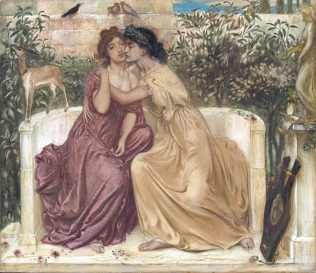 'Safo i Erinna en un jardí a Mitilene', quadre de 1864 del pintor prerafaelita Simeon Solomon