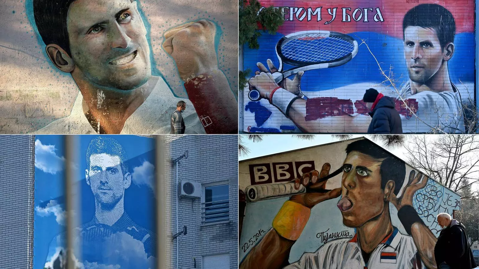 Fotomuntatge de diferents murals a Sèrbia amb la imatge de Novak Djokovic
