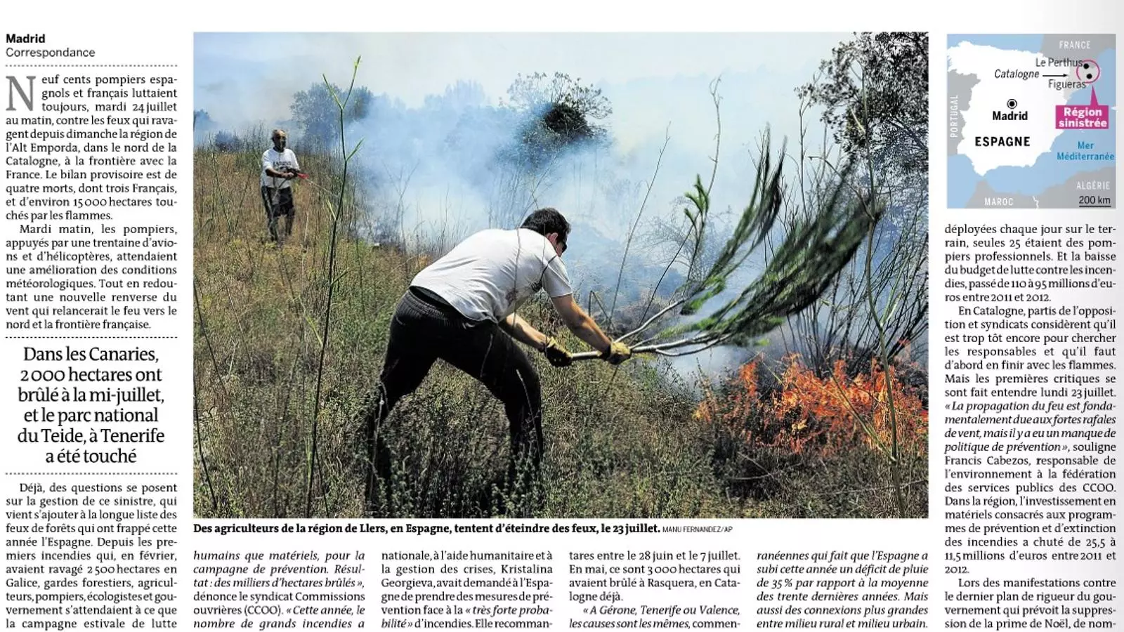 Article de 'Le Monde' sobre el foc a l'Empordà del 24 de juliol del 2012