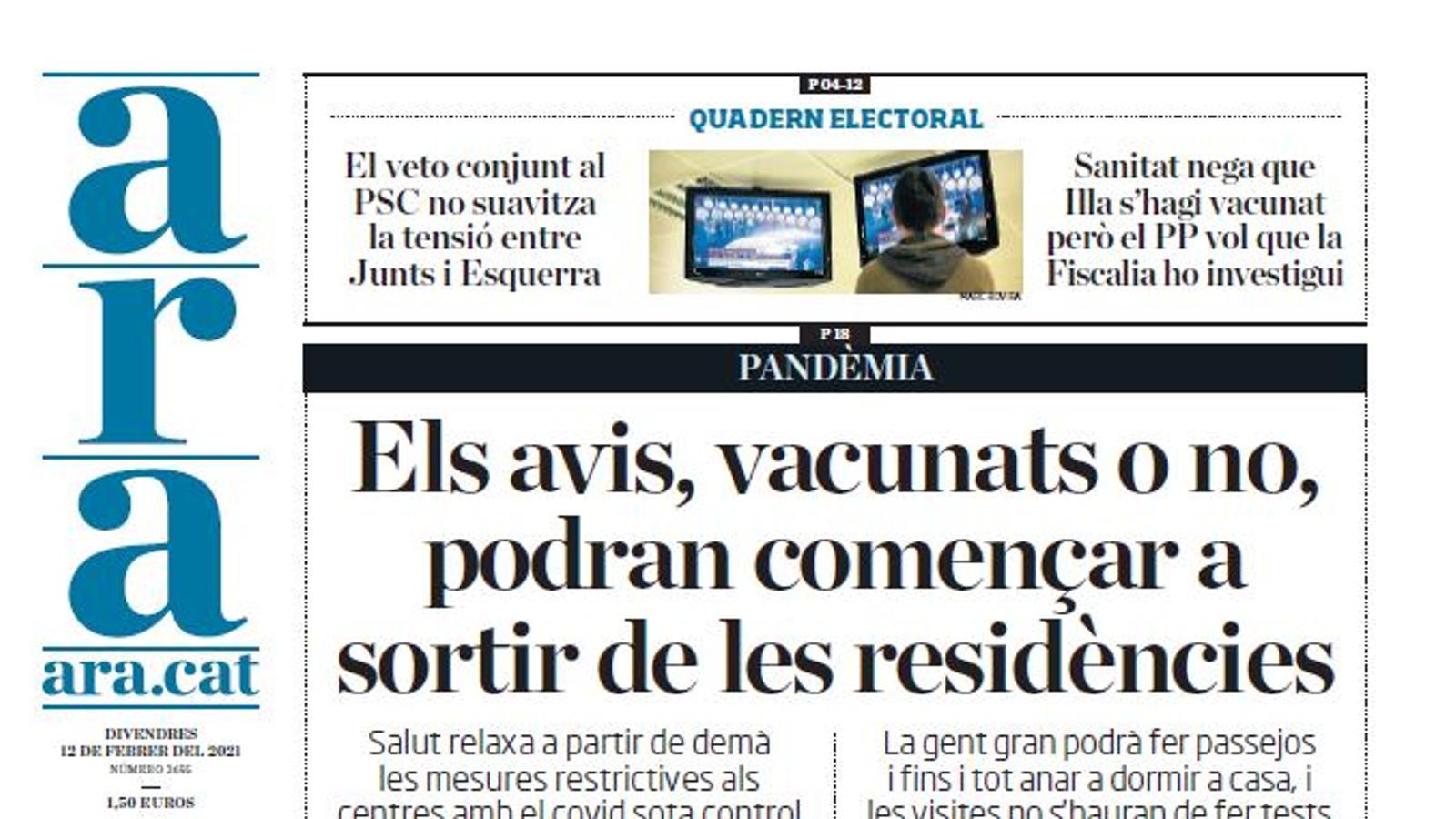 Portada de l'ARA del divendres 12 de febrer del 2021