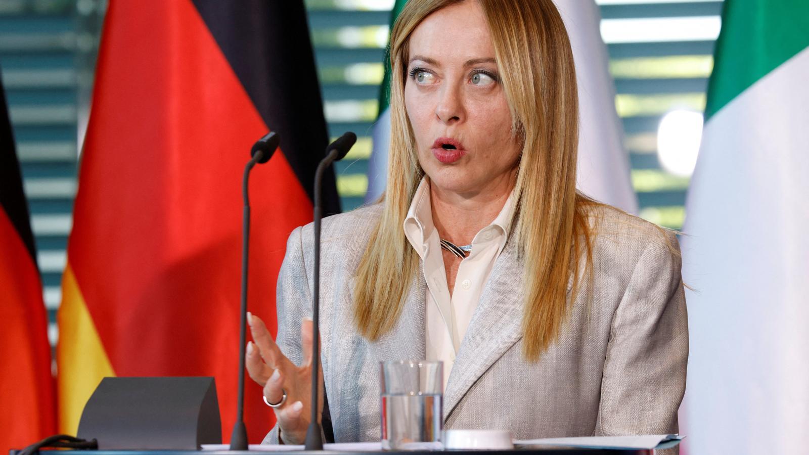 The prime minister of Italy, Giorgia Meloni, at a press conference this Wednesday after an E5 meeting in Berlin, Germany.