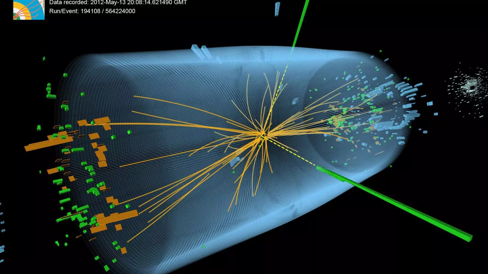 Col·lisió detectada a l’accelerador de partícules del CERN: les línies discontínues i verdes són dos fotons procedents de la desintegració del bosó de Higgs.