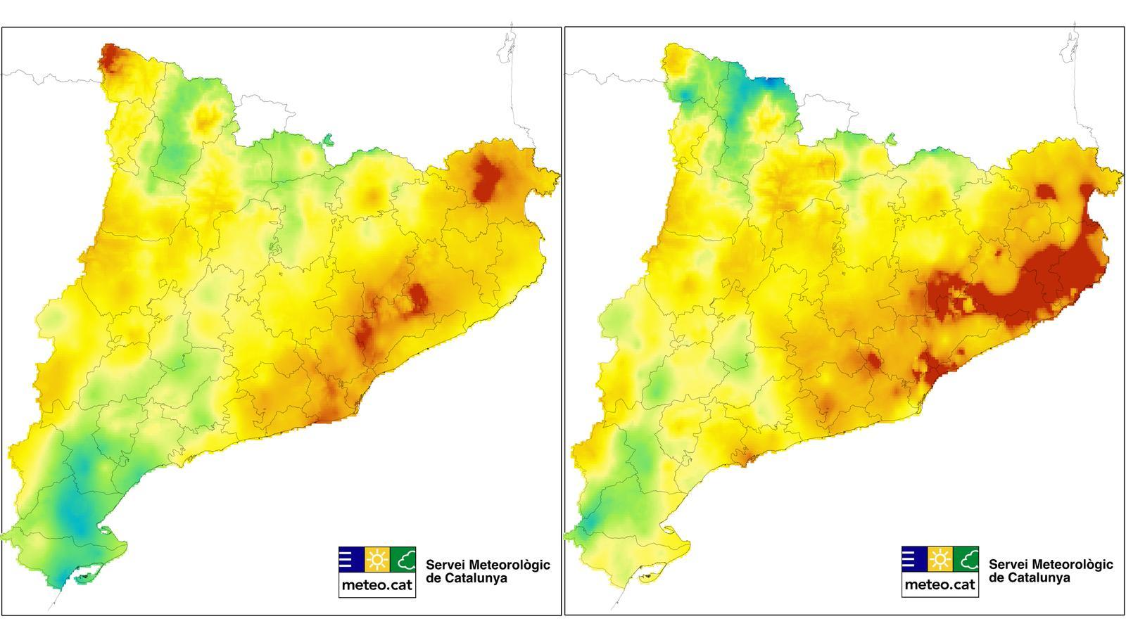 Estado  de la sequía con datos de 6 y de 12 meses. Los tres últimos colores de la escalera indican sequía "extrema" y "excecpcional"