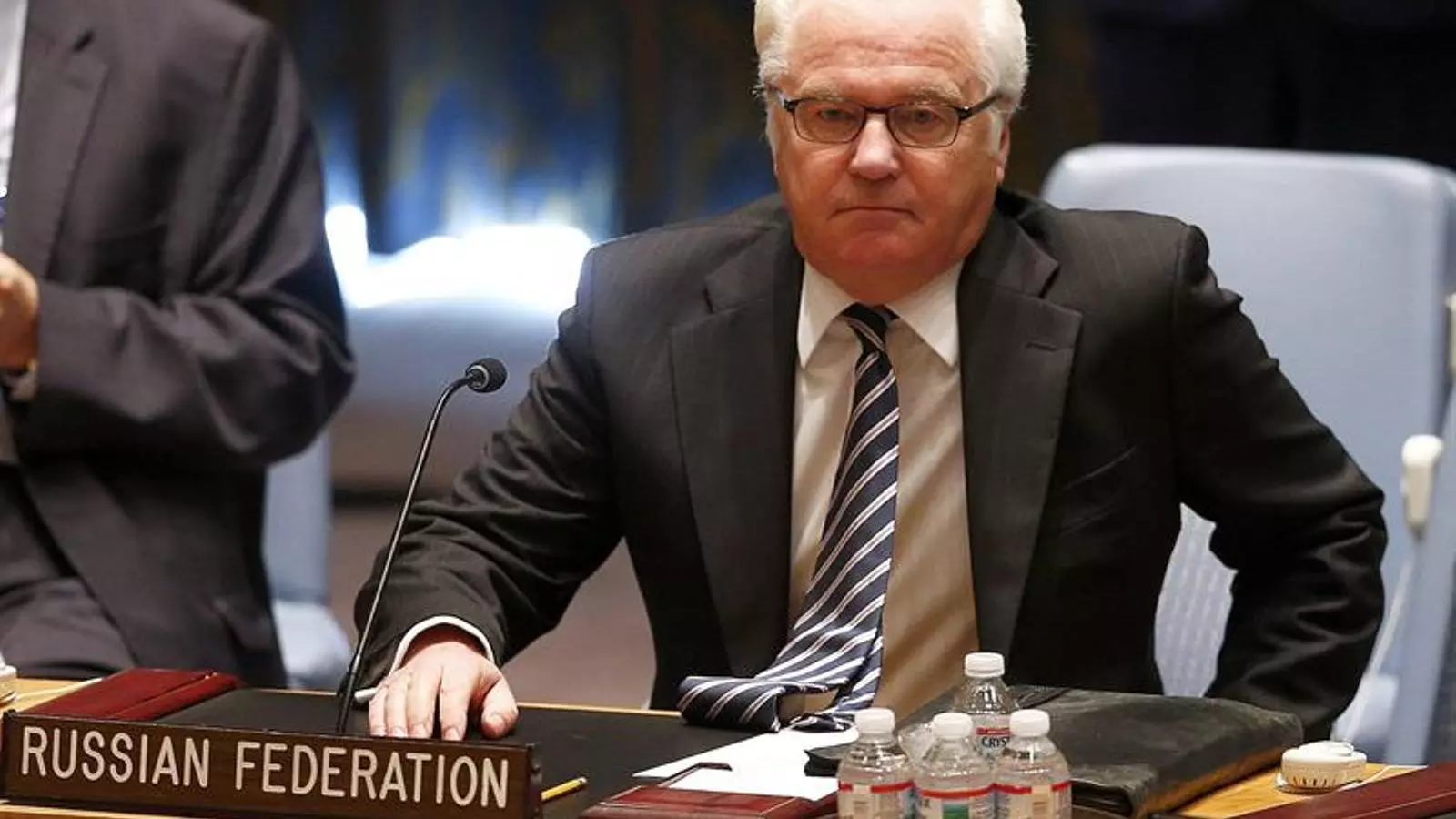 L'ambaixador rus davant les Nacions Unides, Vitaly Txurkin, durant la seva intervenció en el Consell de Seguretat, reunit aquest divendres / EFE