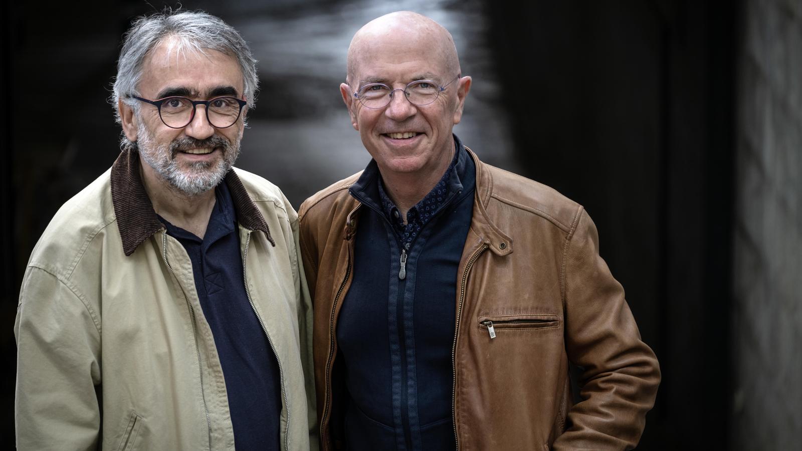 Jordi Corominas and Joan Albert Vicens photographed near the ARA newspaper newsroom, in the Raval neighborhood, in Barcelona.