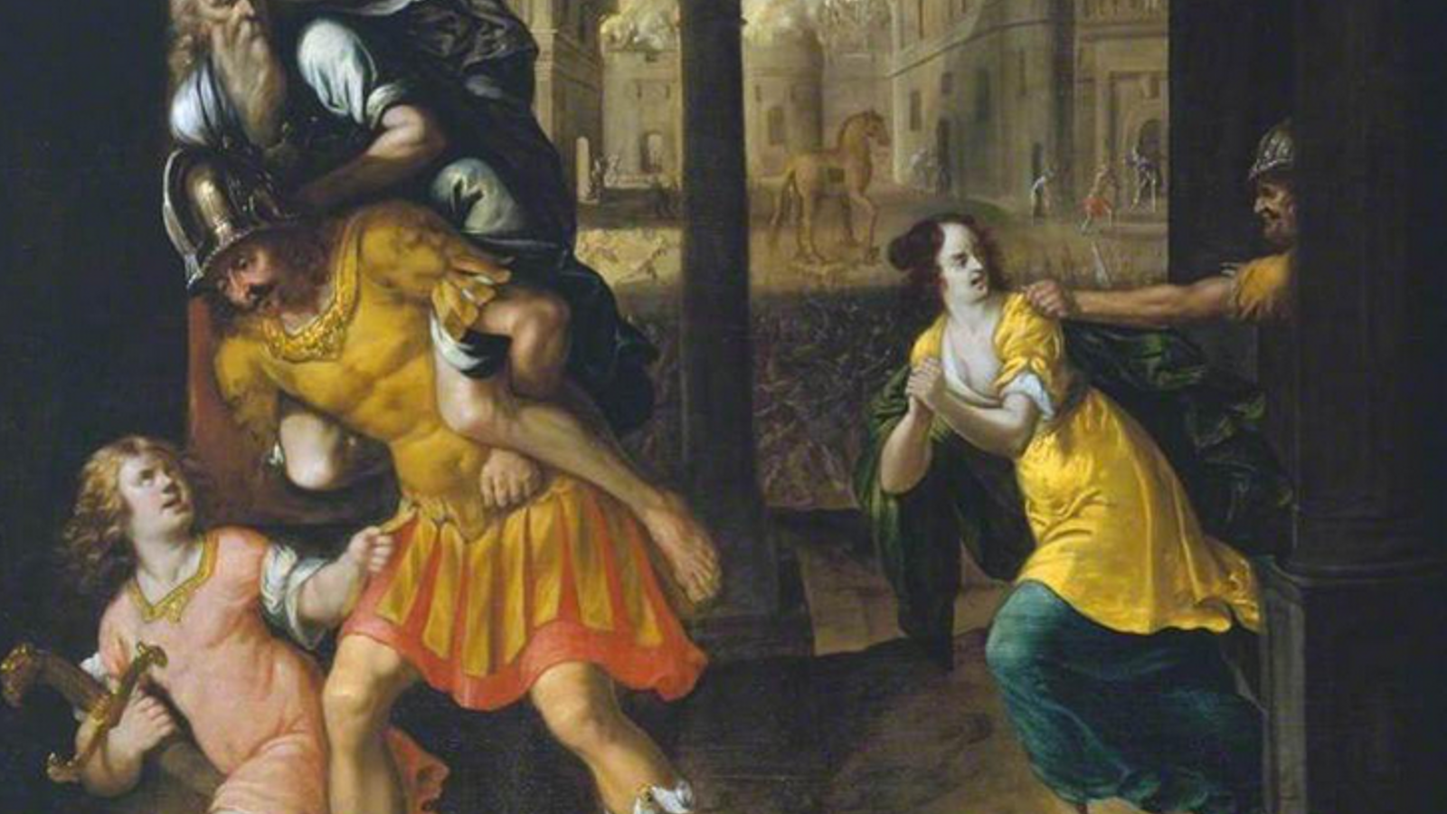 'Aeneas and his family flee from burning Troy' by Gibbs.