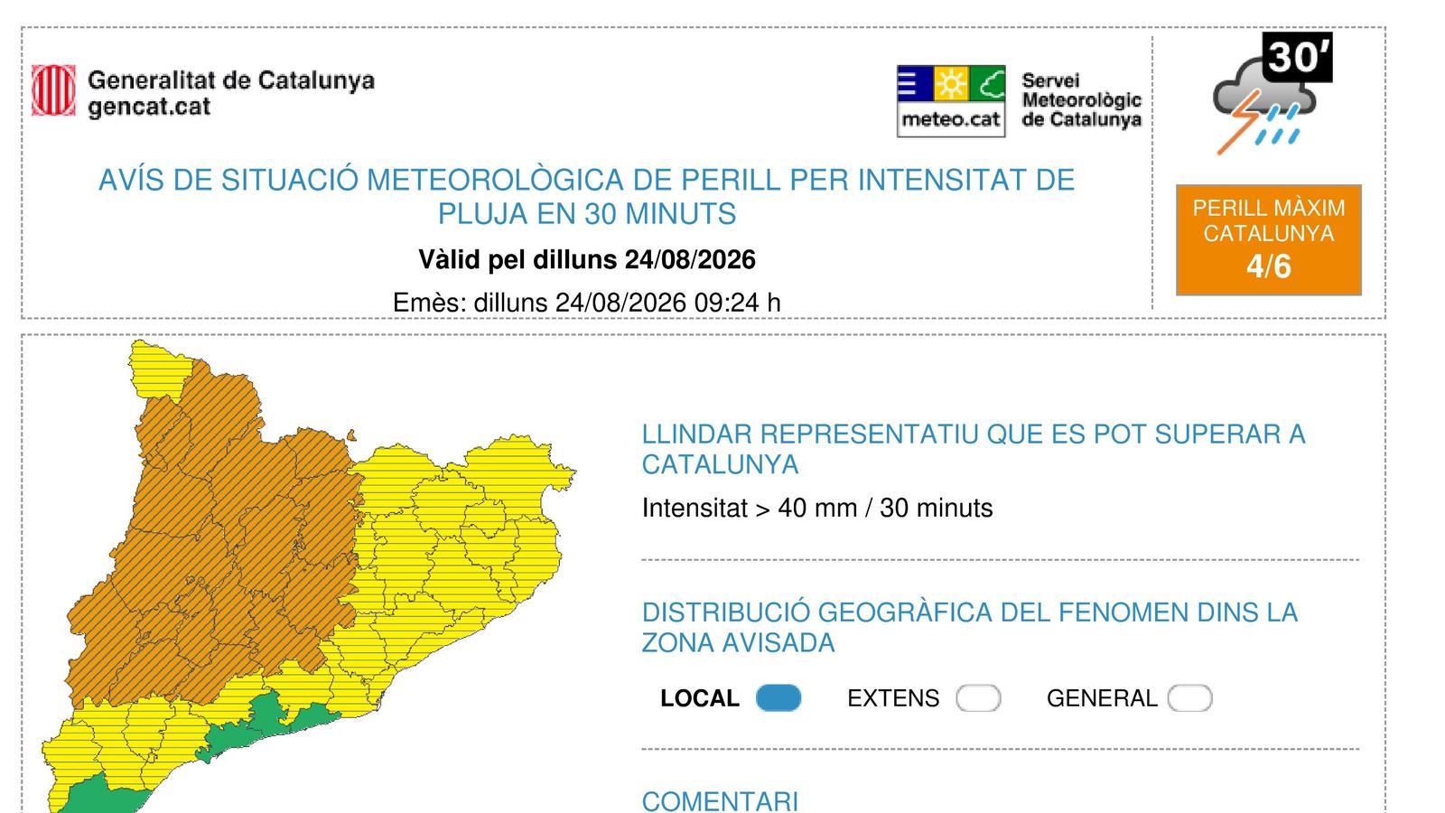 Aviso de situación meteorológica de peligro por intensidad de lluvia en 30 minutos para el día 24 de agosto del 2026.