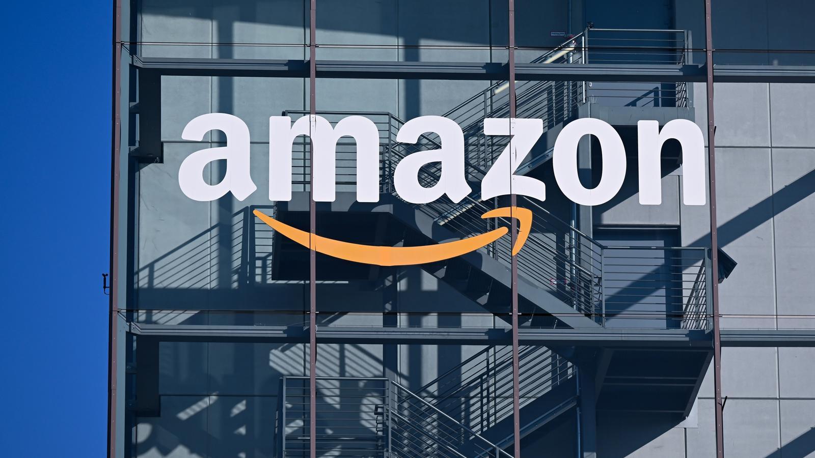 The Amazon logo in an office