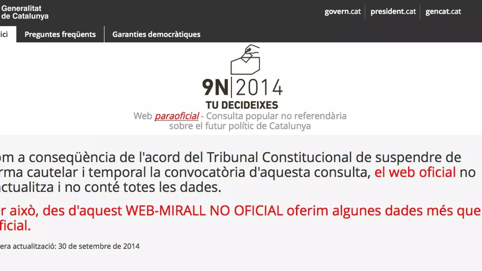 L'encapçalament de la web "paraoficial" del 9-N / ARA