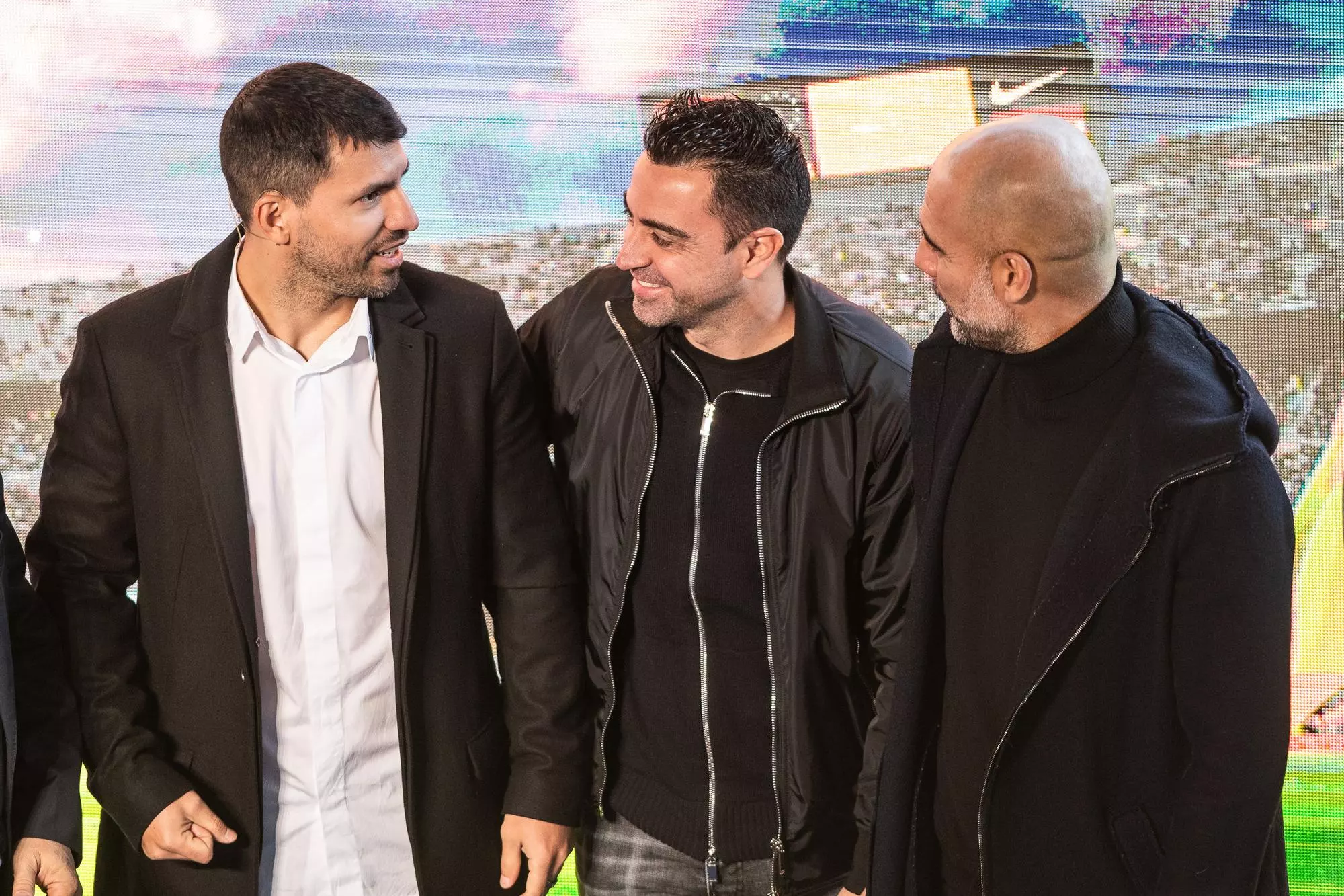 Sergio Kun Aguero, Xavi Hernandez i Pep Guardiola avui al Camp Nou