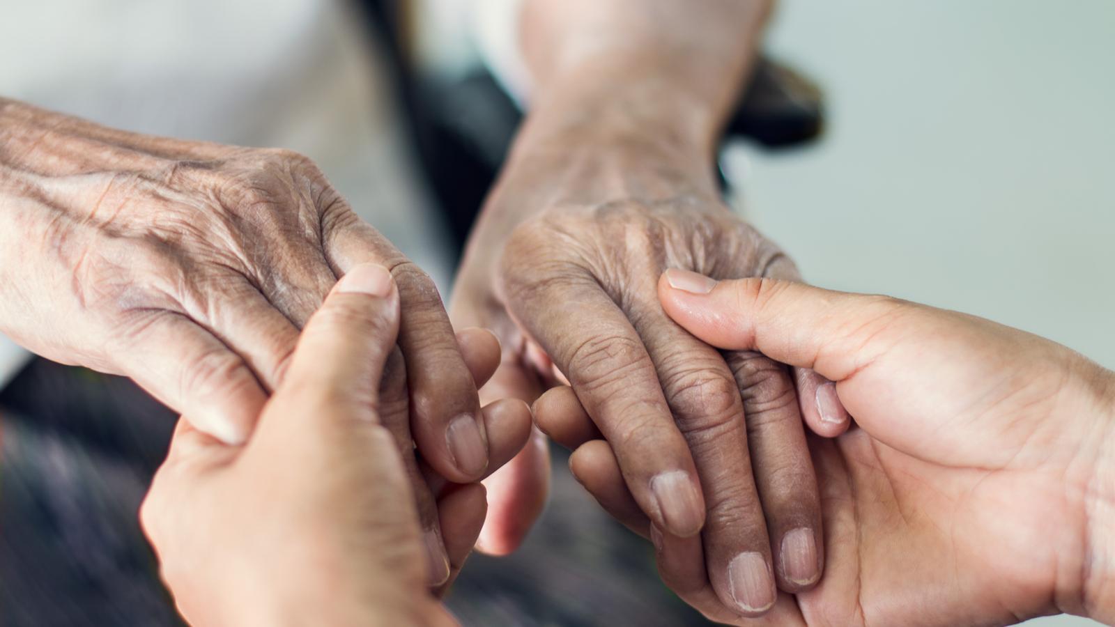 Four hands greeting each other.