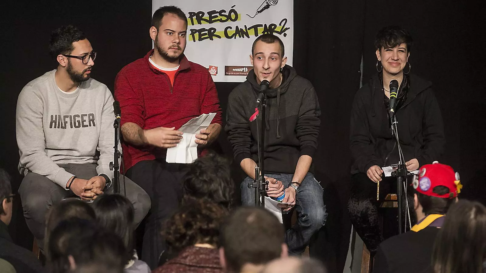 Pablo Hasél i Elgio, del col·lectiu La Insurgencia, durant un acte per la llibertat d’expressió al Casal Independentista i Popular de Sabadell el 3 de març.