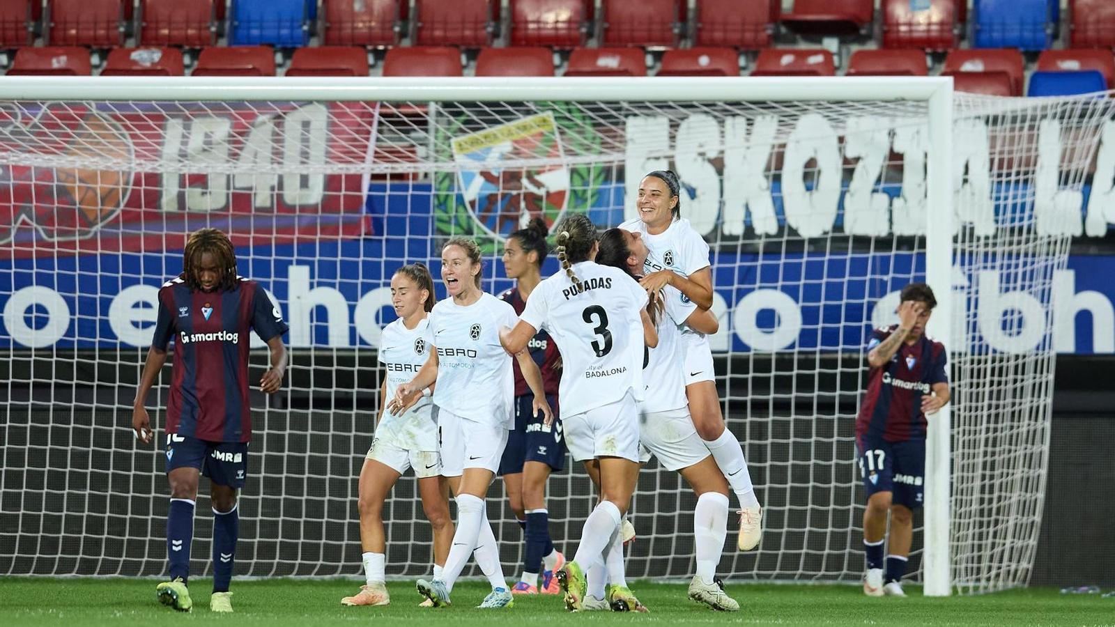 The Badalona Women players celebrate one of the goals at Ipurua