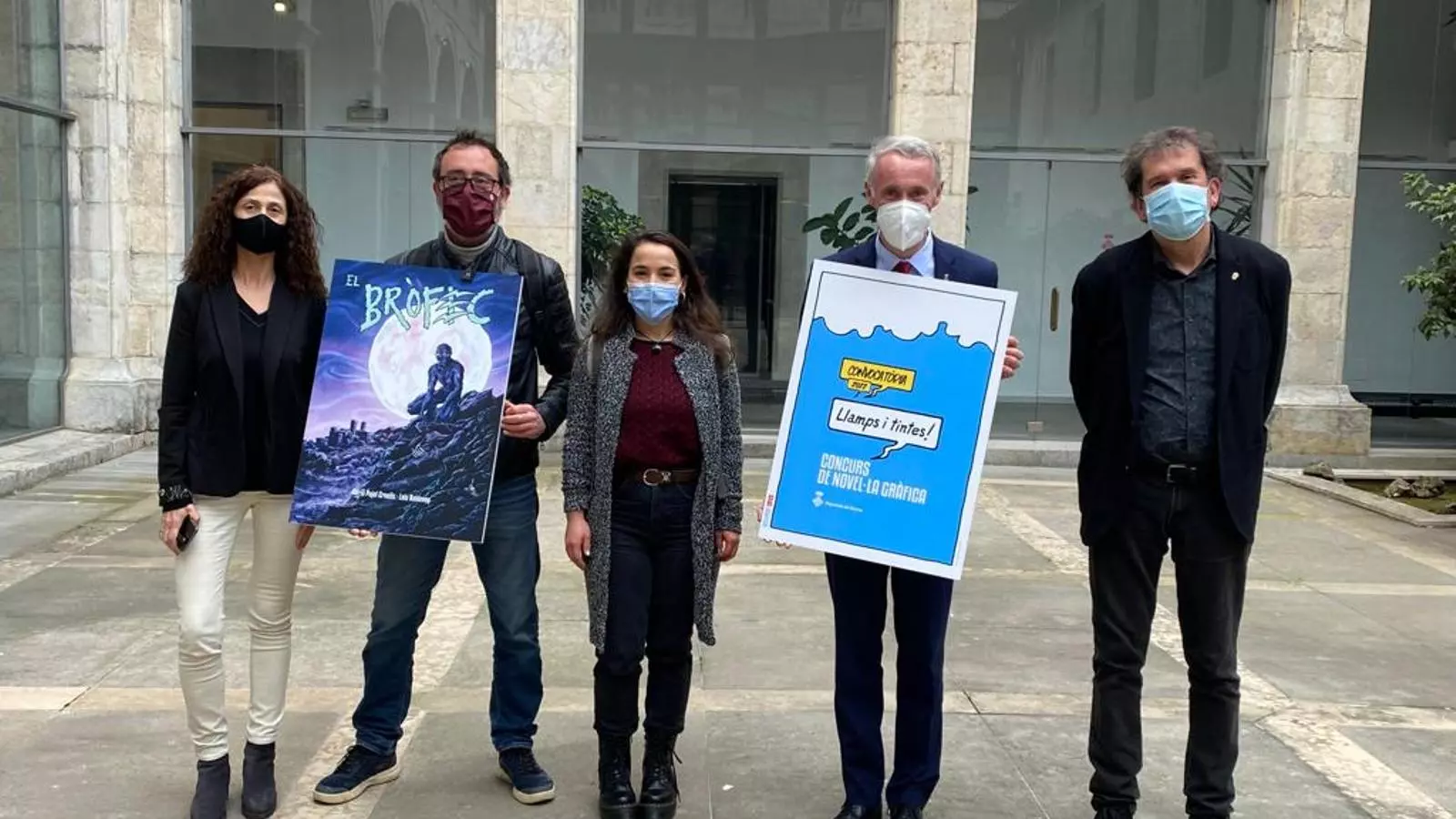 Acte de presentació de la nova col·lecció "Llamps i Tintes!", amb Adrià Pujol i Laia Baldevey, Albert Piñeira i Joan-Lluís-Lluís.