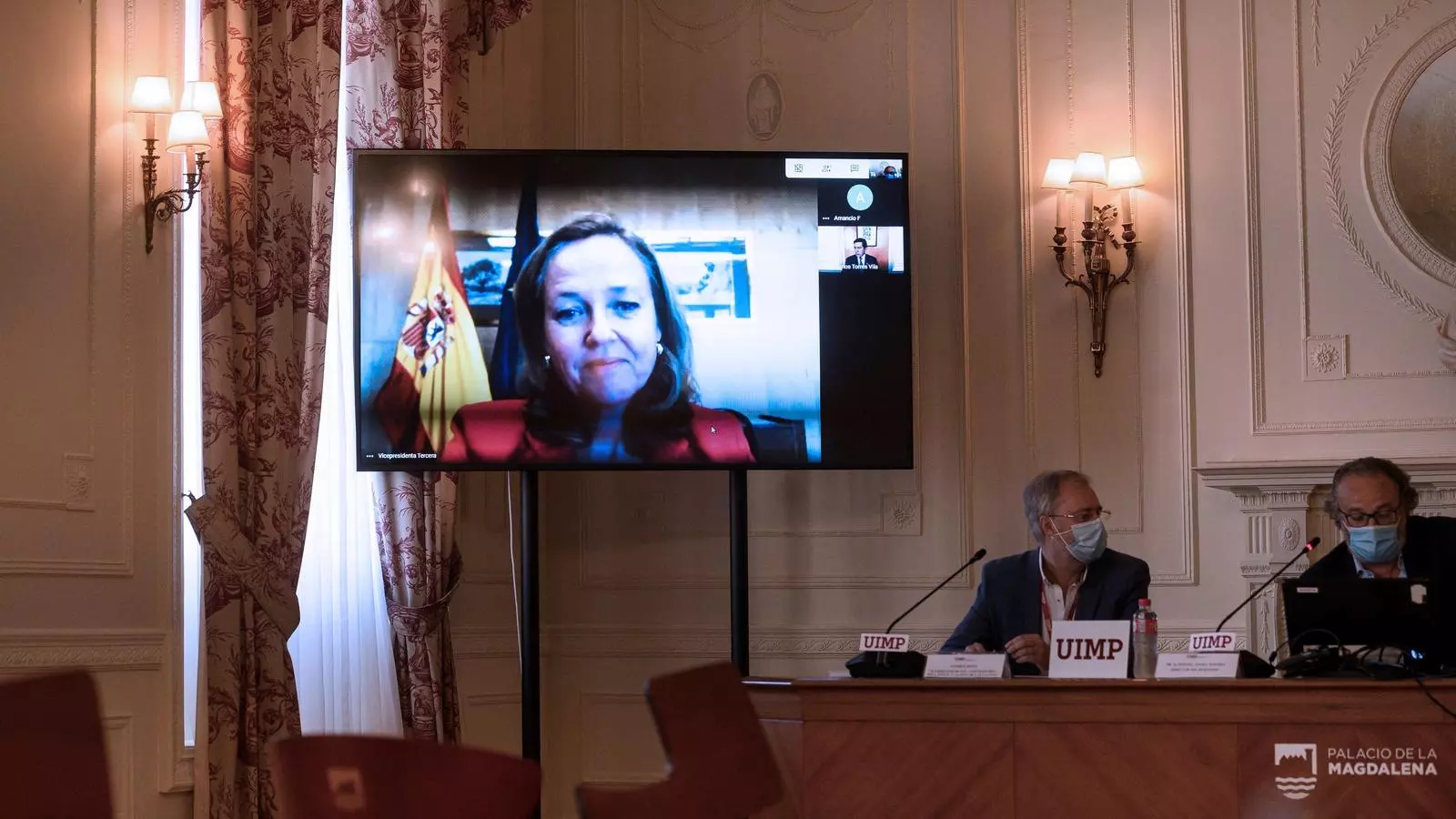 La ministre d'Economia, Nadia Calviño, durant la seva intervenció per videoconferència en la inauguració del curs polític