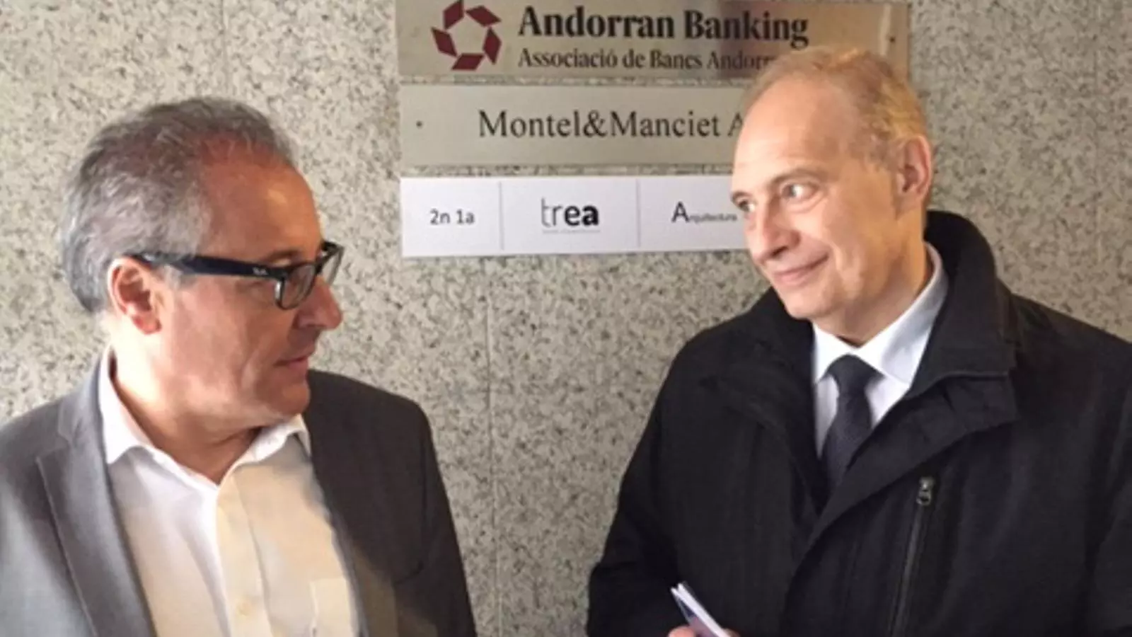 Els candidats de la terceravia, Josep Pintat i Joan Carles Camp, després de la trobada amb Andorran Banking. / Terceravia