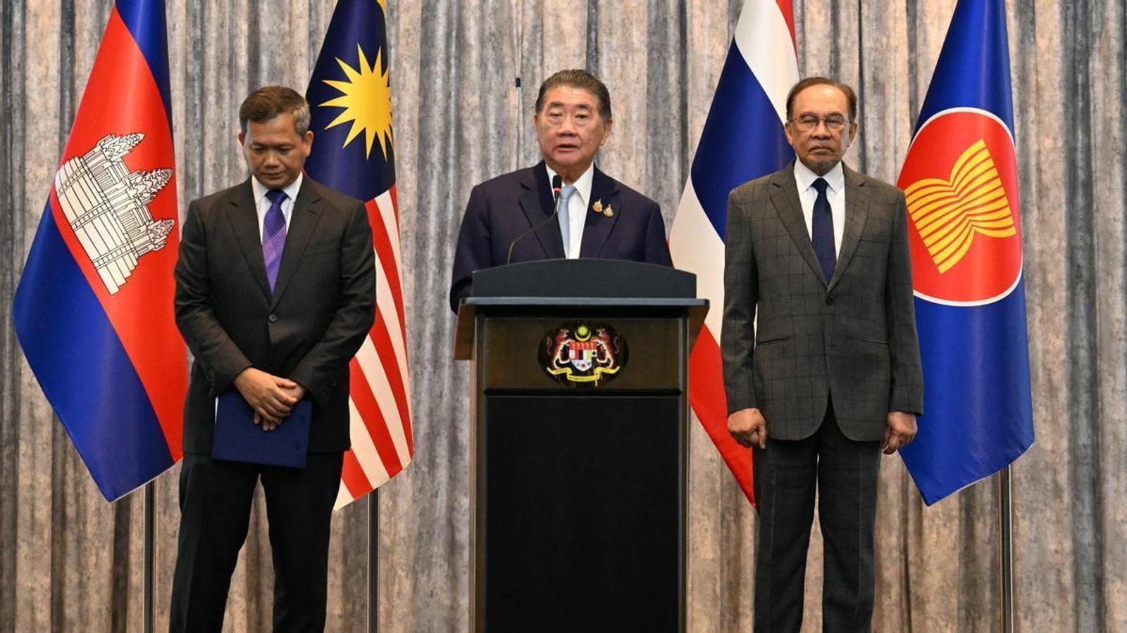 Acting Thai Prime Minister Phumtham Wechayachai speaks alongside Cambodian Prime Minister Hun Manet and Malaysian Prime Minister Anwar Ibrahim.