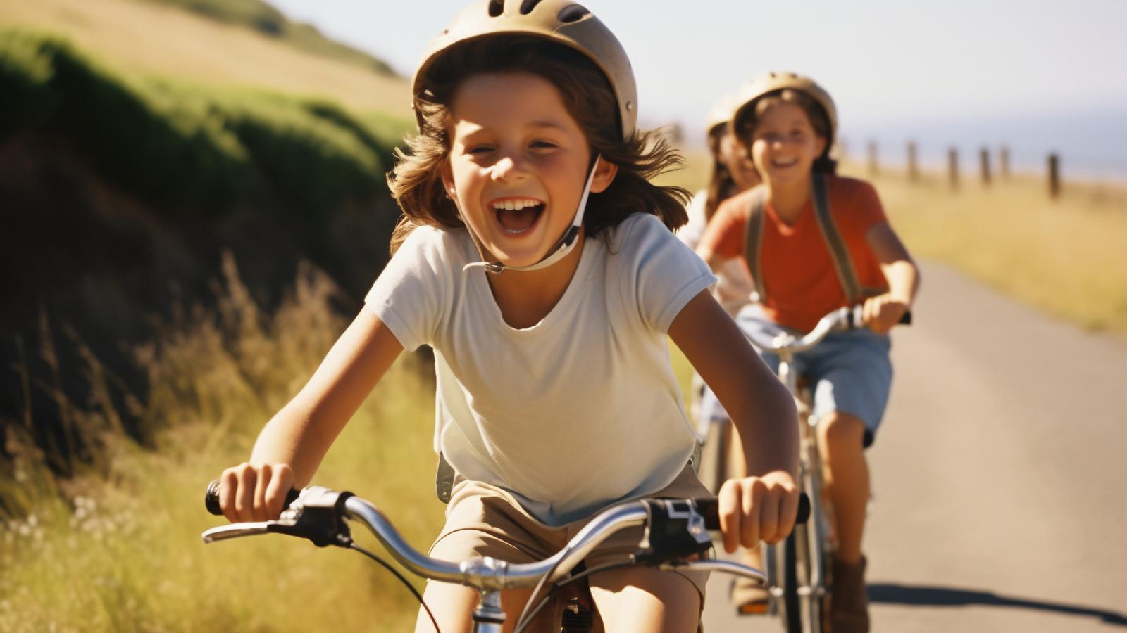 Three girls riding bicycles