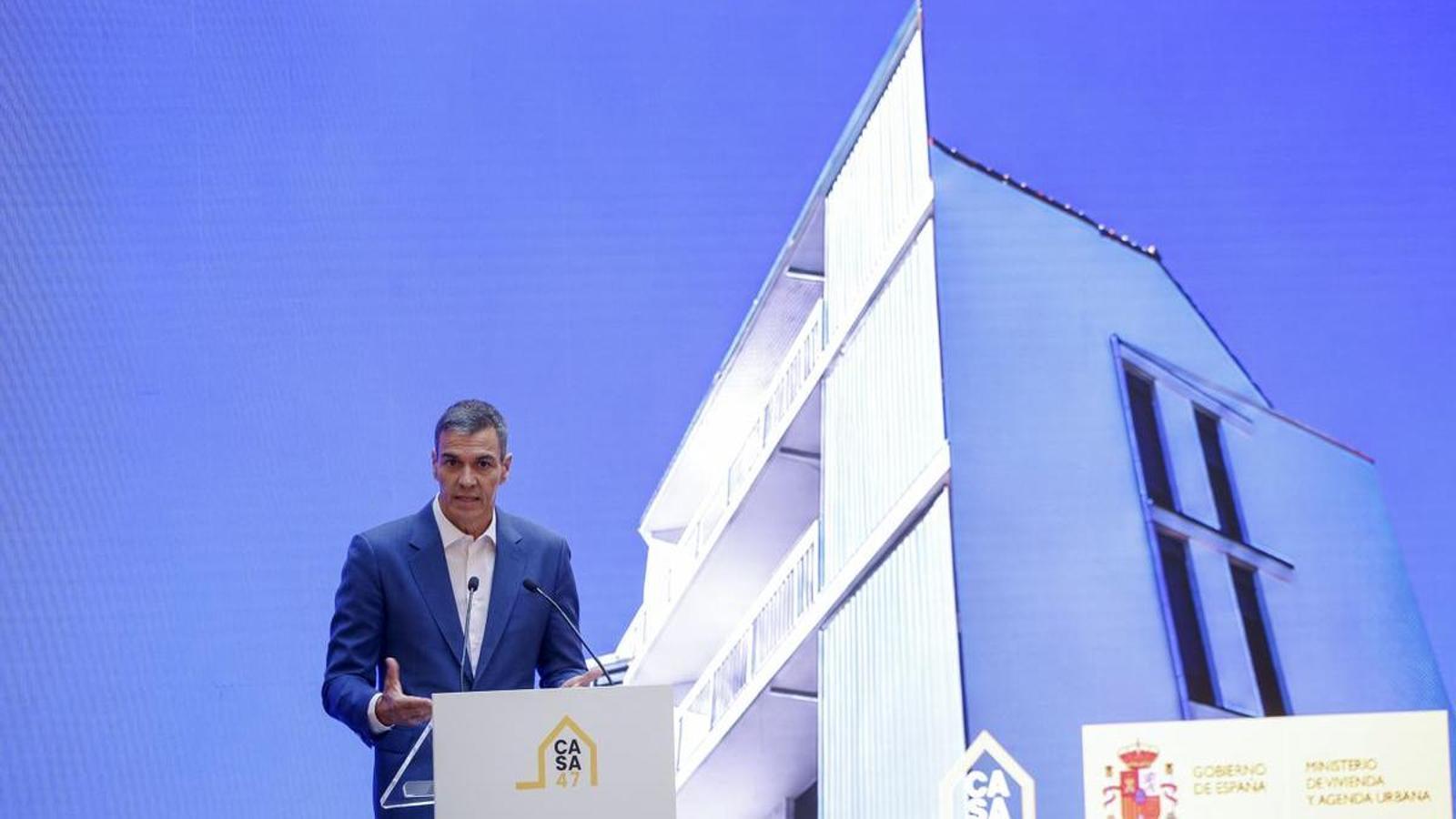 The president of the Spanish government, Pedro Sánchez, during the presentation of the Casa 47 portal, the new public housing platform.