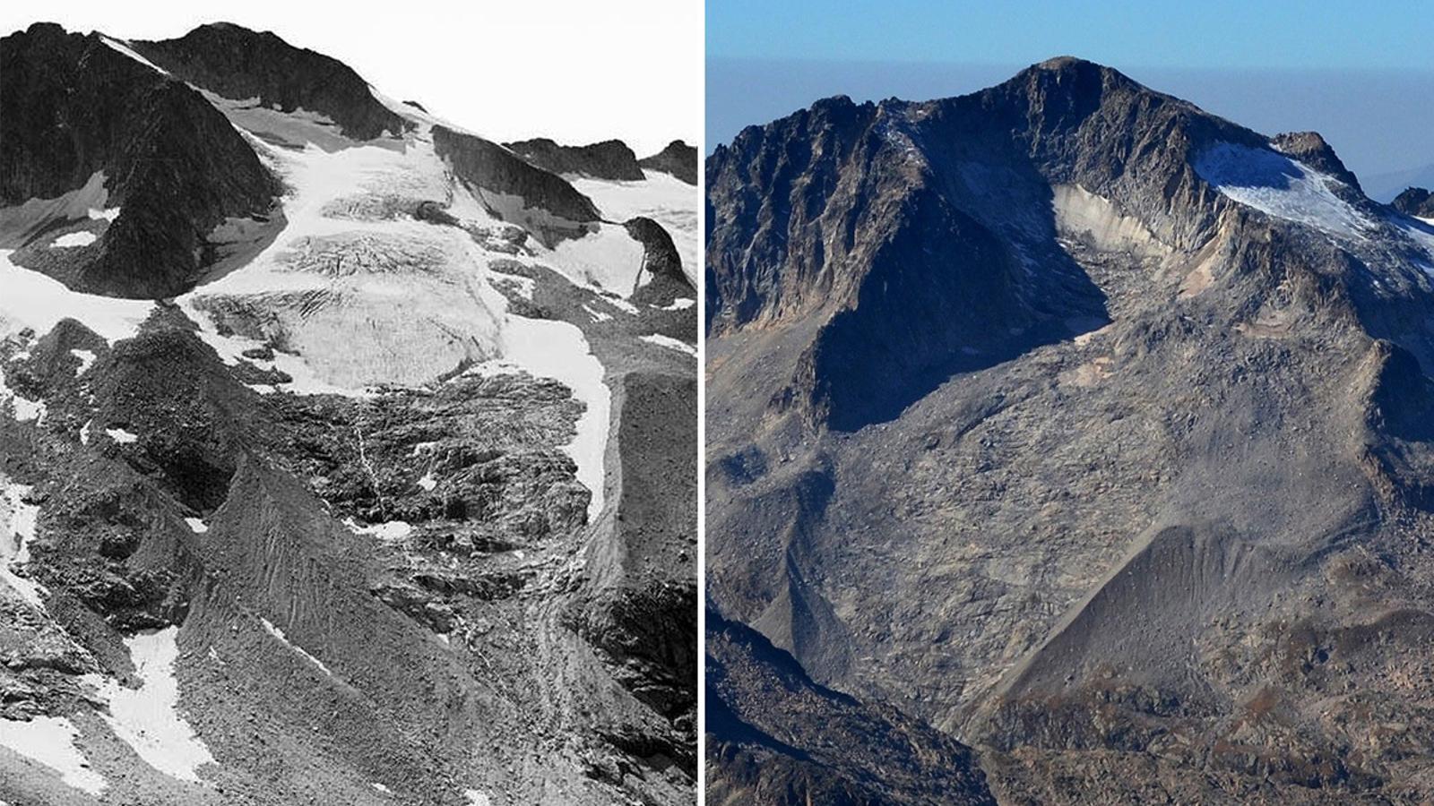 La glacera de Barrancs, el 1910 i el 2017. Ha passat de 57 hectàrees a 3,2 / JULI SOLER I SANTALÓ, JORDI CAMINS