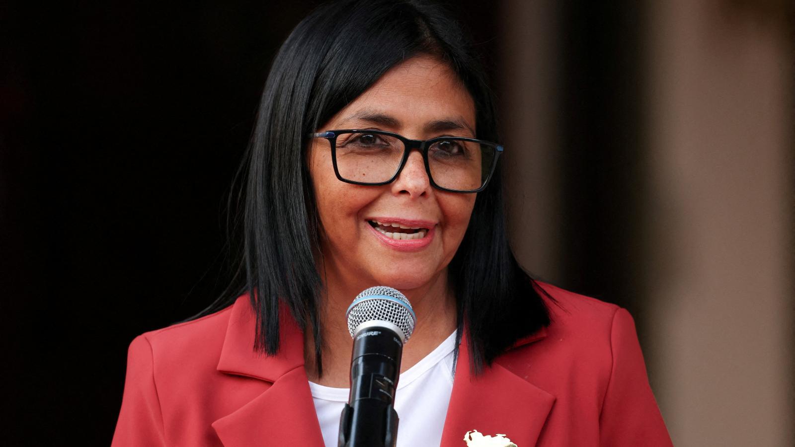 Venezuela's interim president, Delcy Rodríguez, at a press conference on March 4 after meeting with US Secretary of the Interior, Doug Burgum, in Caracas.