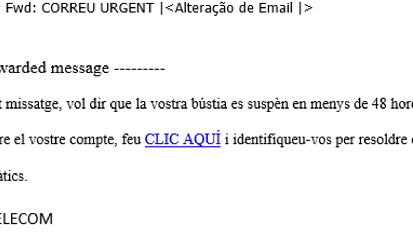 El correu amb l'intent d'estafa.