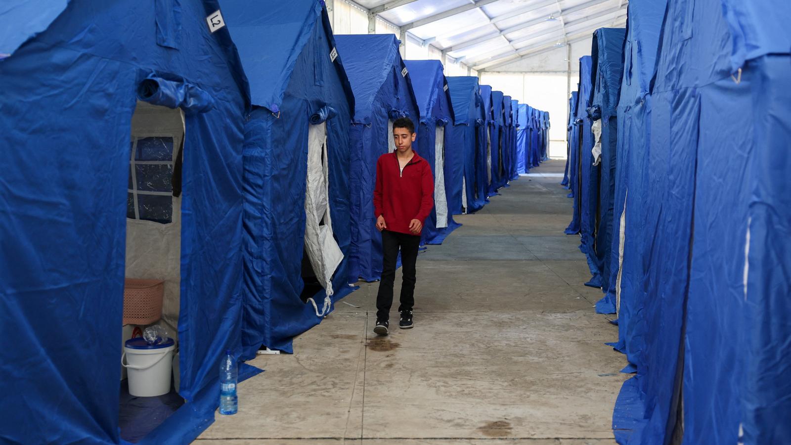 Campaign tents inside the Camille Chamoun Sports City stadium, converted into a temporary shelter in Beirut.