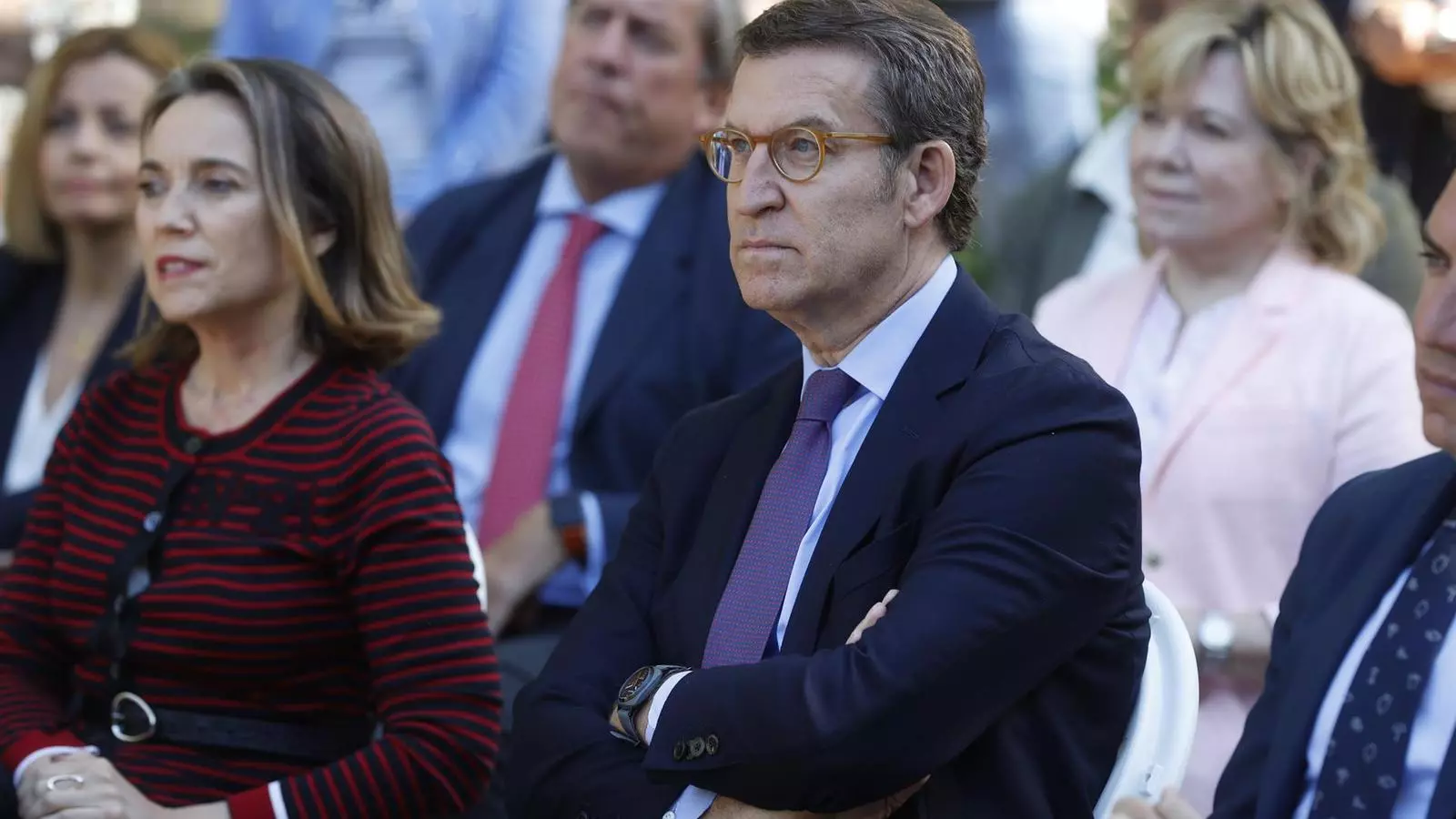 Alberto Núñez Feijóo y Cuca Gamarra este lunes en el acto del PP en Madrid por el Día de Europa