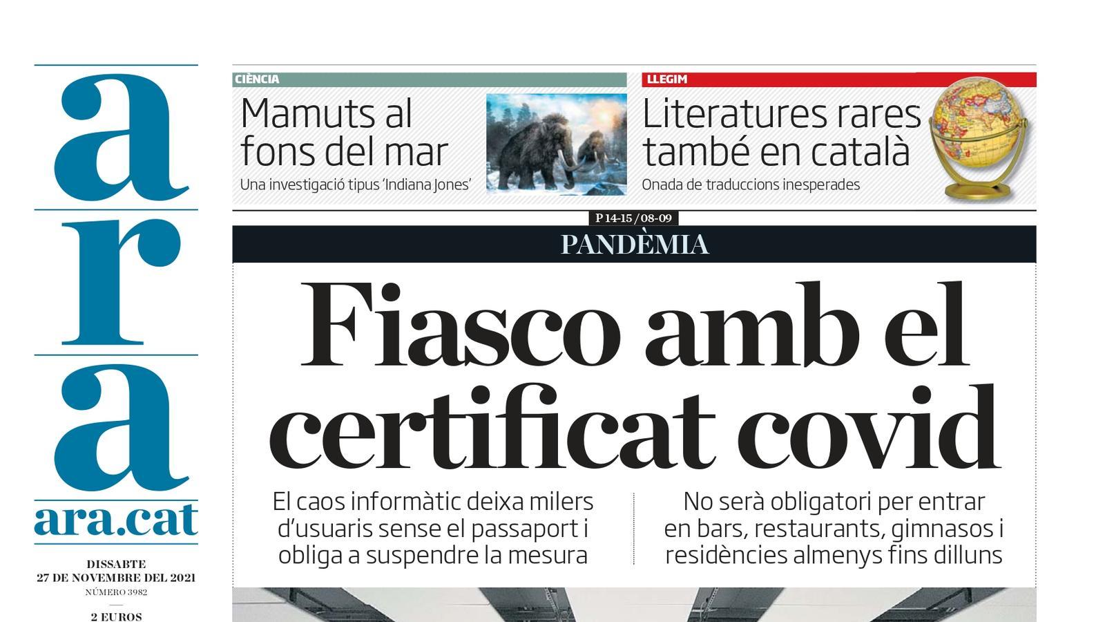 Portada de l'ARA (27/11/2021)