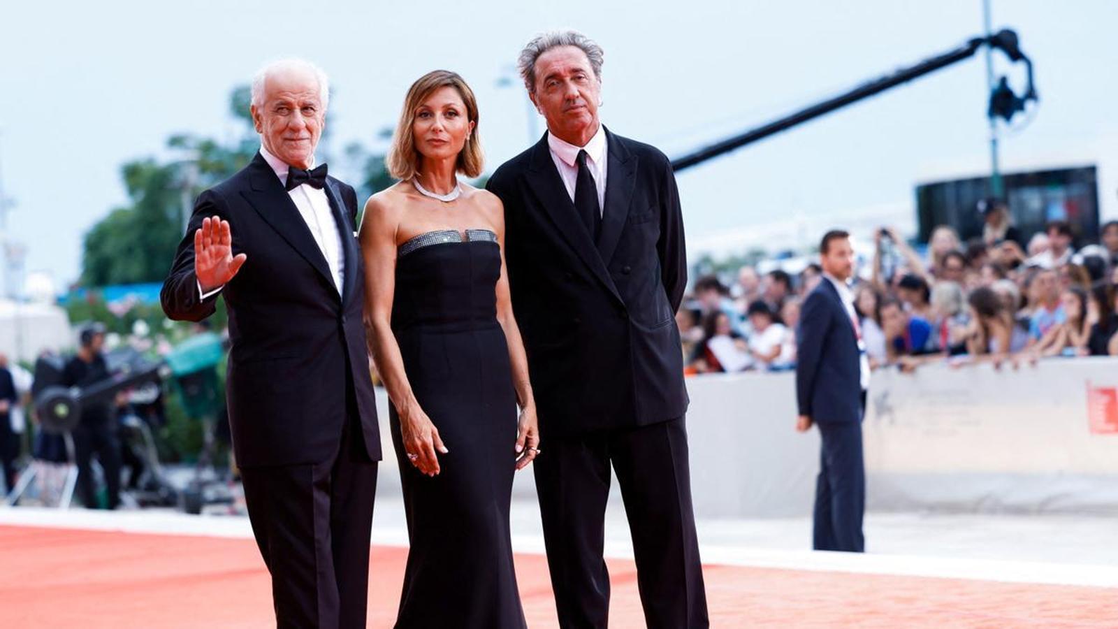 Actor Toni Servillo, actress Anna Ferzetti, and director Paolo Sorrentino at the 2025 Venice Film Festival.