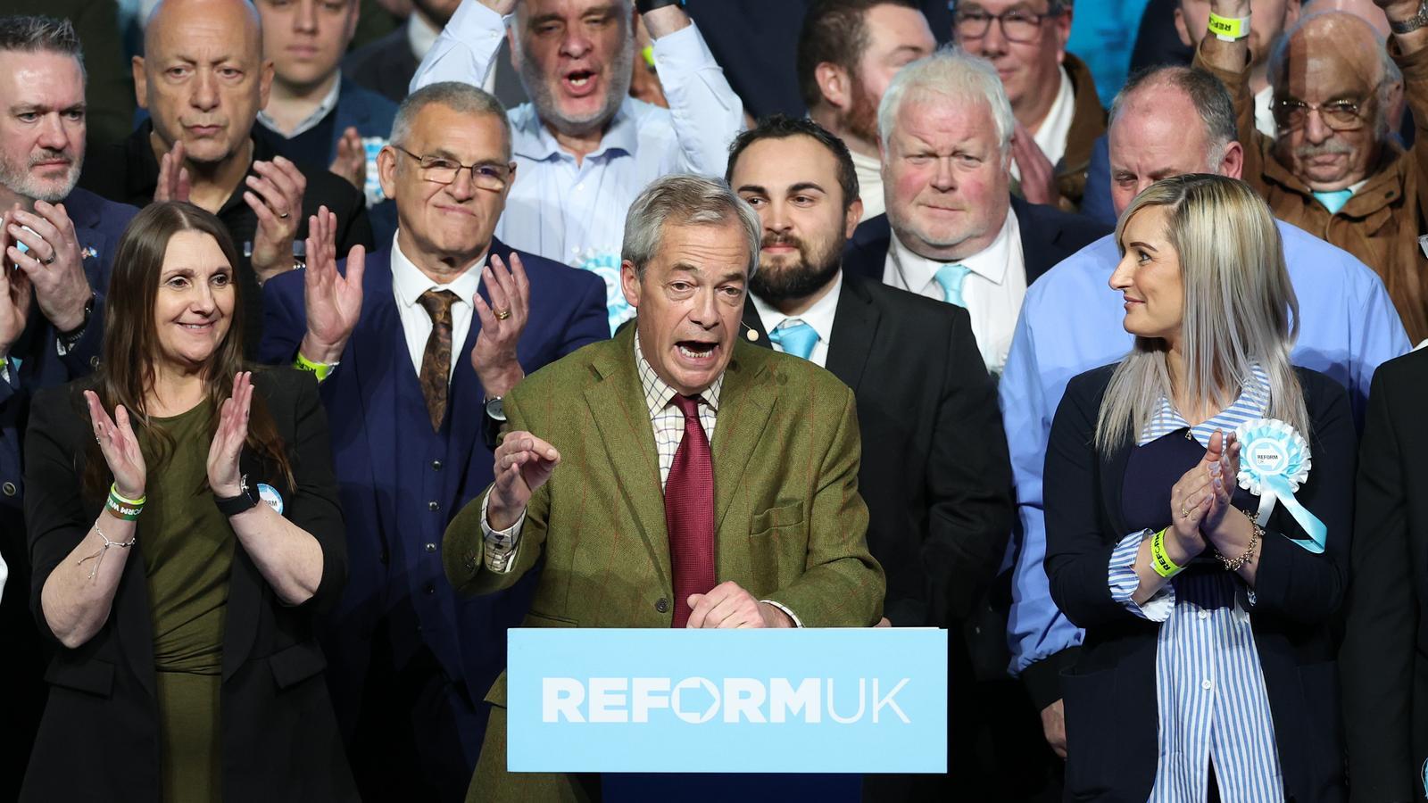 Nigel Farage, líder de Reform UK, durant un míting a Leeds, al març de 2026.