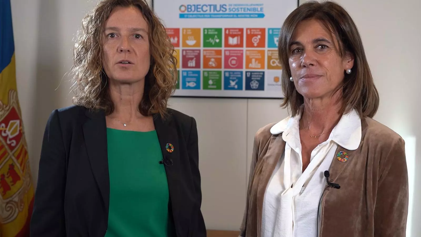 Les ministres de Medi Ambient, Agricultura i Sostenibilitat i Educació i Ensenyament Superior, Sílvia Calvó i Ester Vilarrubla, en la seva intervenció a la trobada 'Together for tomorrow: education and climate action'.