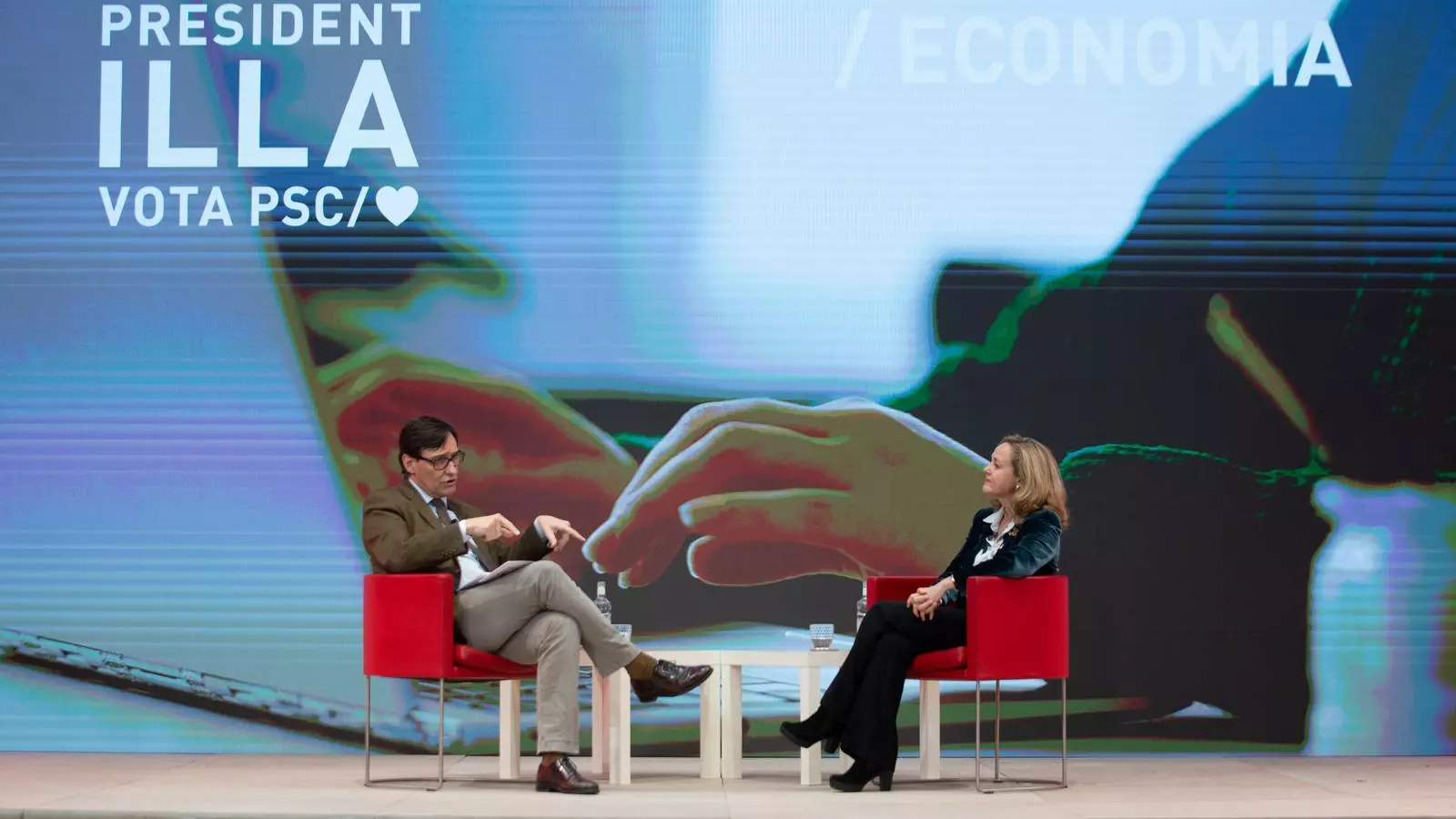 Salvador Illa i Nadia Calviño, en un acte electoral aquest dilluns