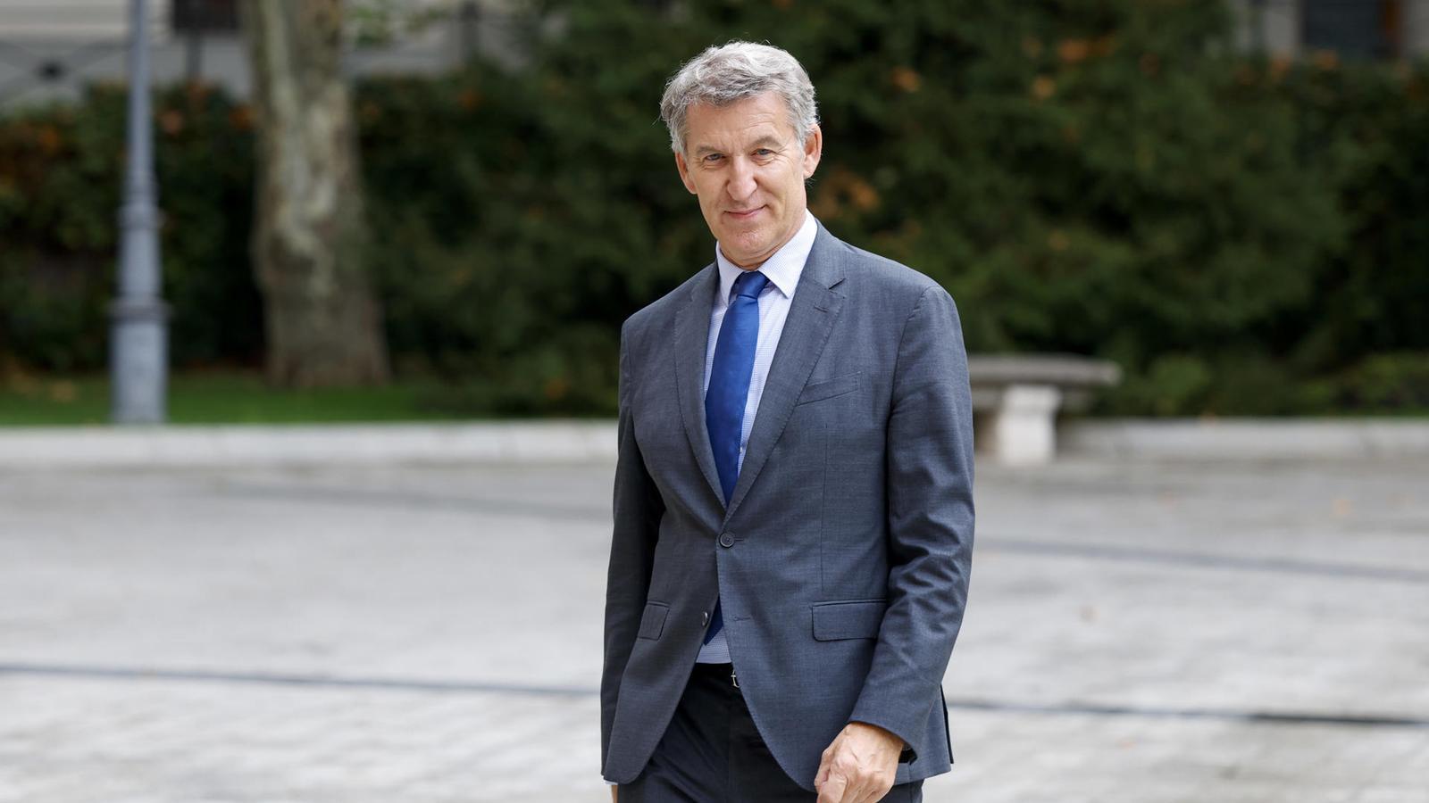 The president of the PP, Alberto Núñez Feijóo, upon arriving at the Senate for the medal presentation ceremony to the presidents of Ceuta and Melilla