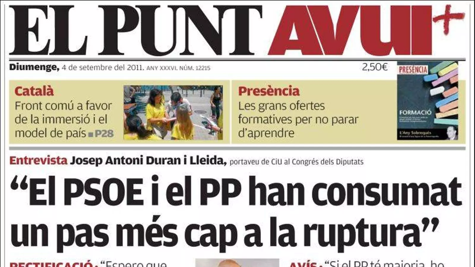 L'entrevista a Duran, a la portada d'El Punt Avui