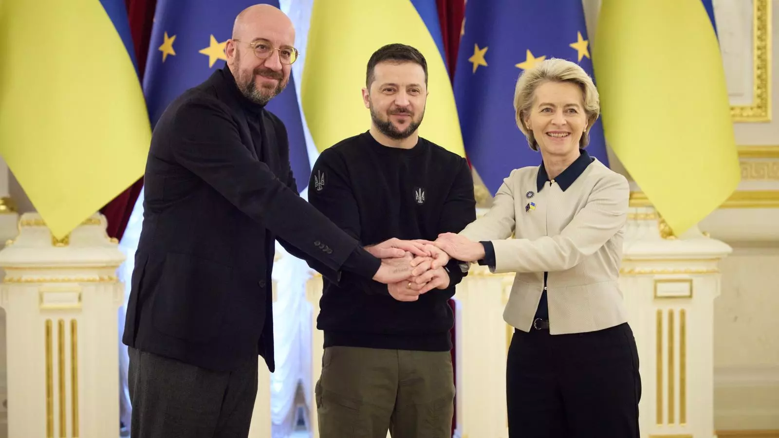 Michel, Zelenski i Von der Leyen en la trobada d'aquest divendres a Kíiv.