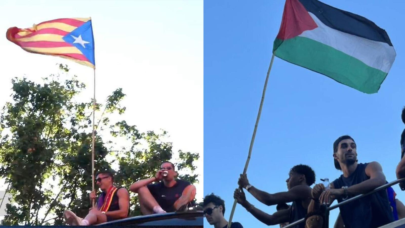Montaje de dos momentos del desfile: uno con Robert Lewandowski con una estelada y el otro con Lamine Yamal con una bandera de Palestina.