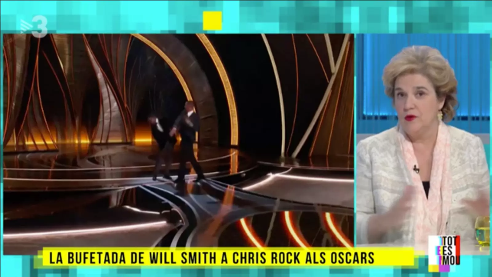 Pilar Rahola al 'Tot es mou' mentre s'emet en pantalla l'agressió de Will Smith a Chris Rock als Oscars.