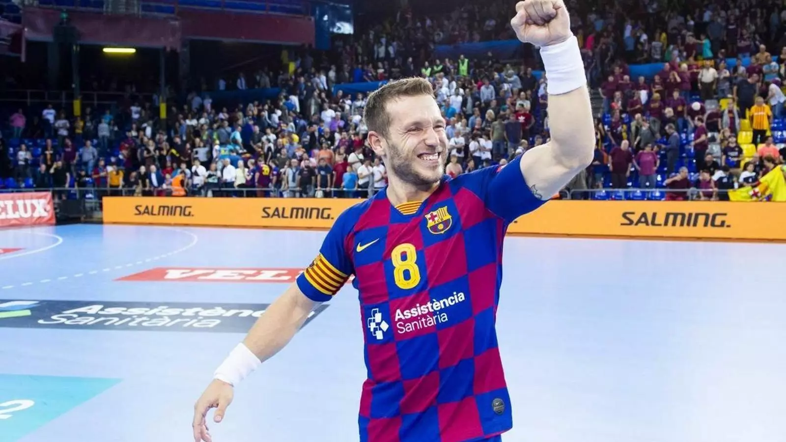 Victor Tomas celebra una victòria al Palau Blaugrana