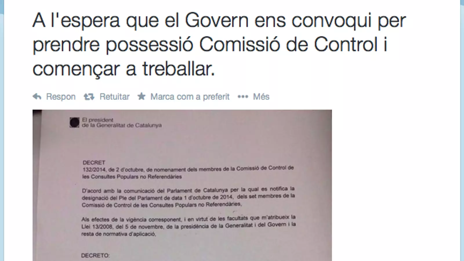 Piulada d'un dels membres de la comissió de control de les consultes