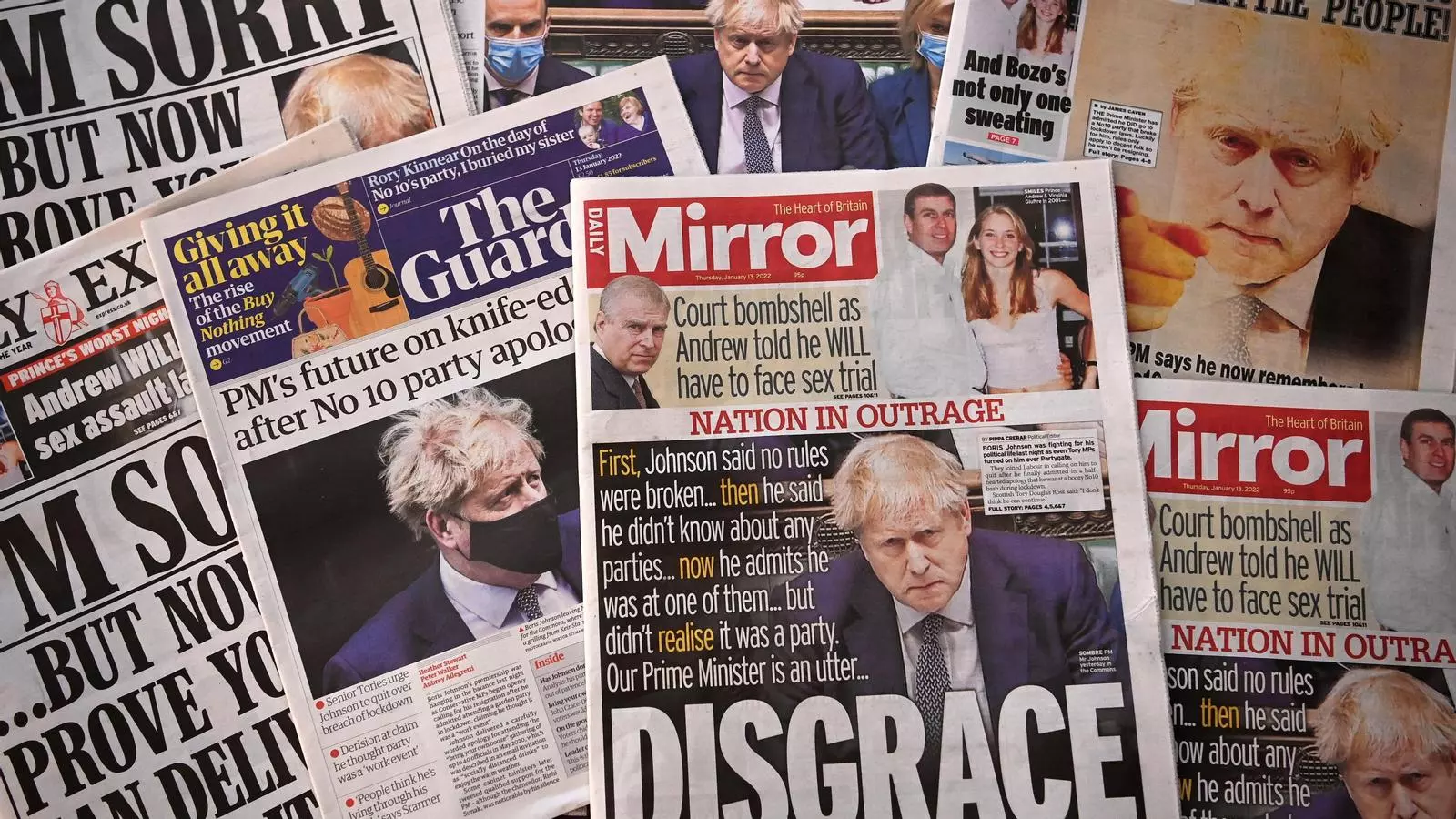 Portades dels mitjans britànics informant sobre les disculpes de Boris Johnson per la festa a la que va assistir durant el confinament.