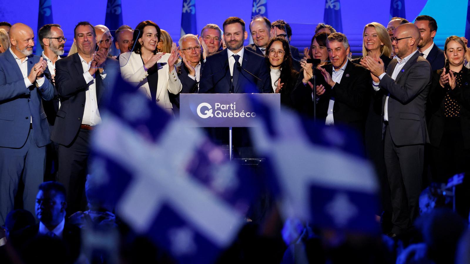 The leader of the Parti Québécois (PQ), Paul St-Pierre Plamondon, reacts to the results of the provincial elections, in Montreal, Quebec, Canada, on October 5, 2026.