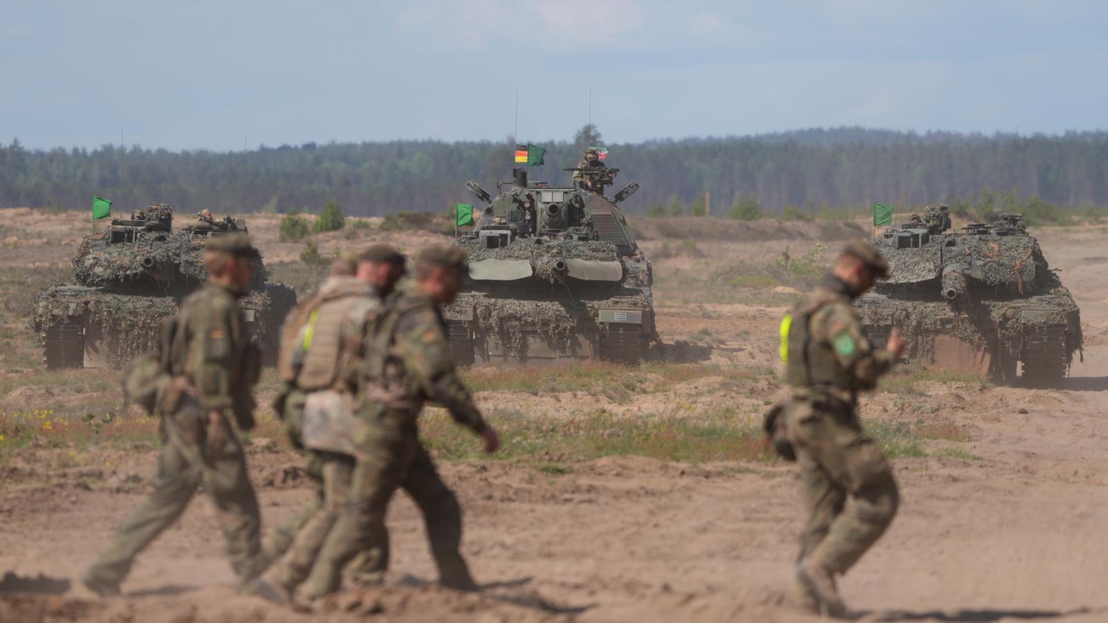 Three German army tanks in an NATO maneuver in Lithuania.